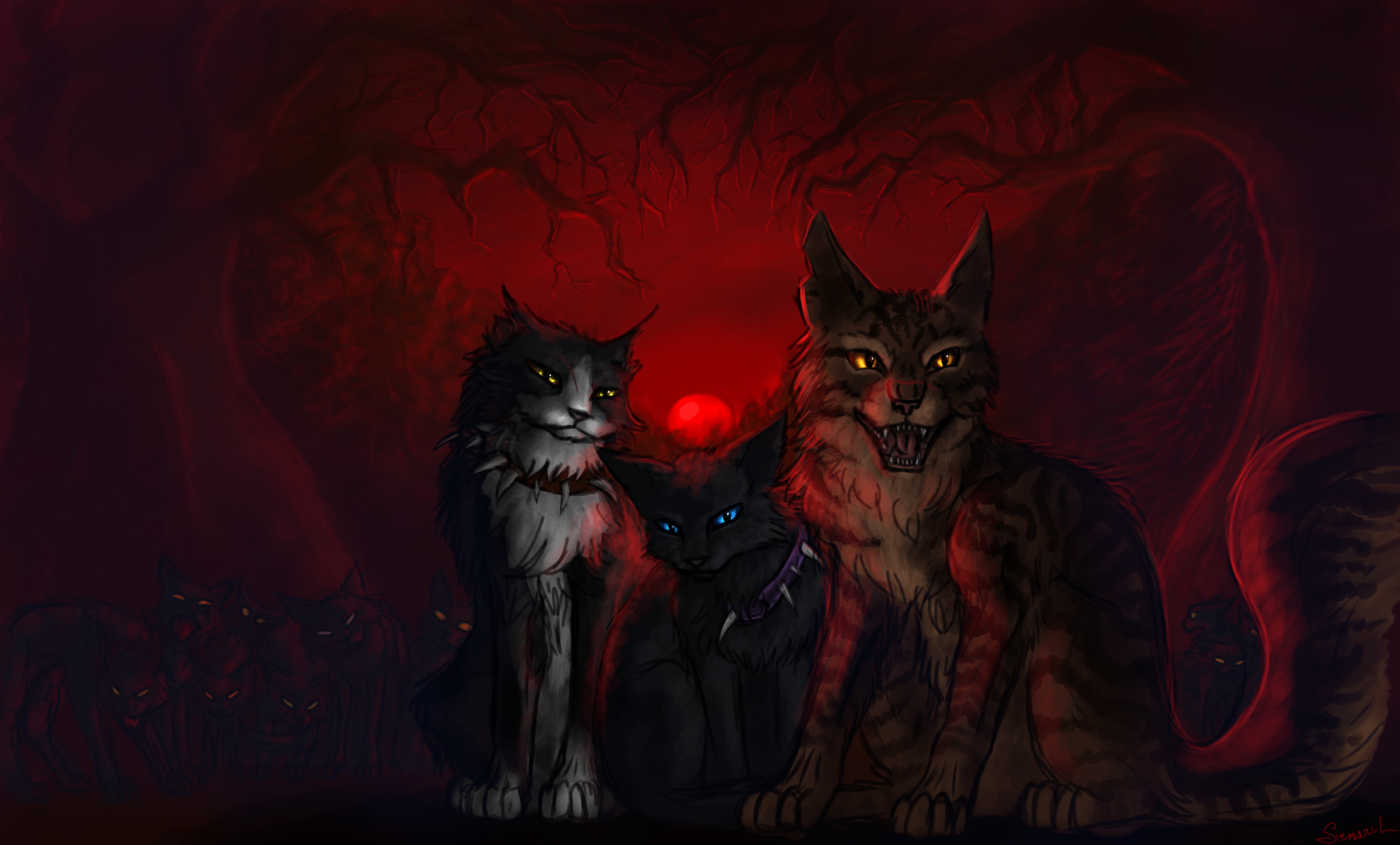 Three cats in a dark, red forest HD Wallpaper