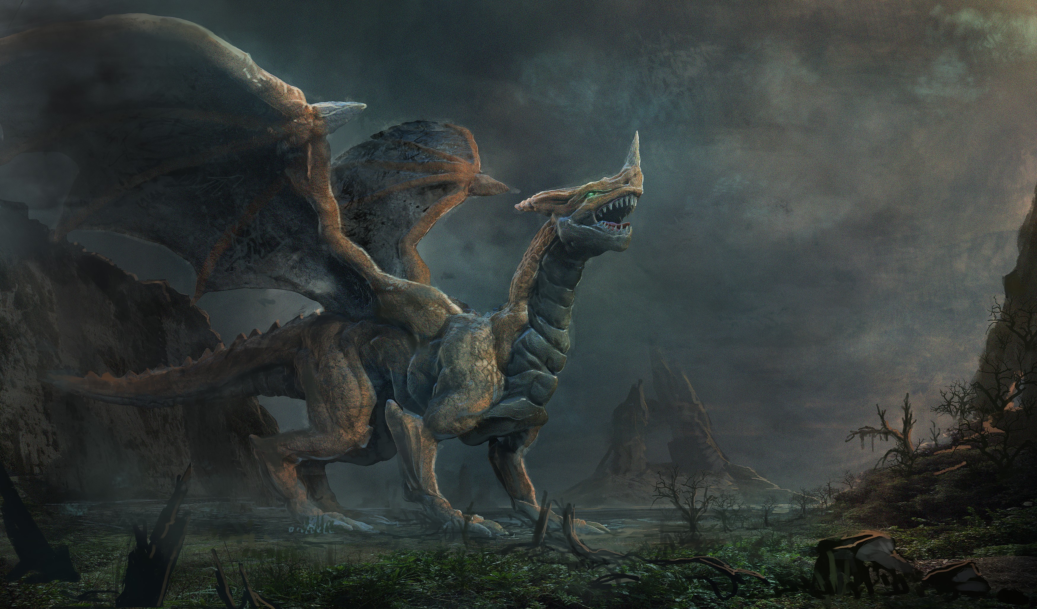 A dragon with large wings in a desolate landscape HD Wallpaper