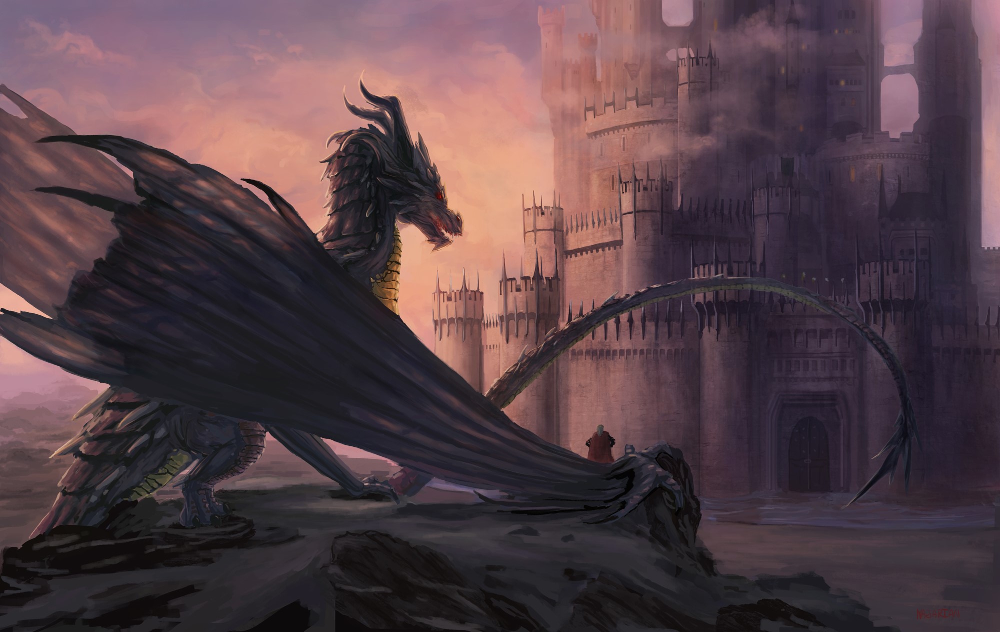 Dragon and castle at sunset HD Wallpaper