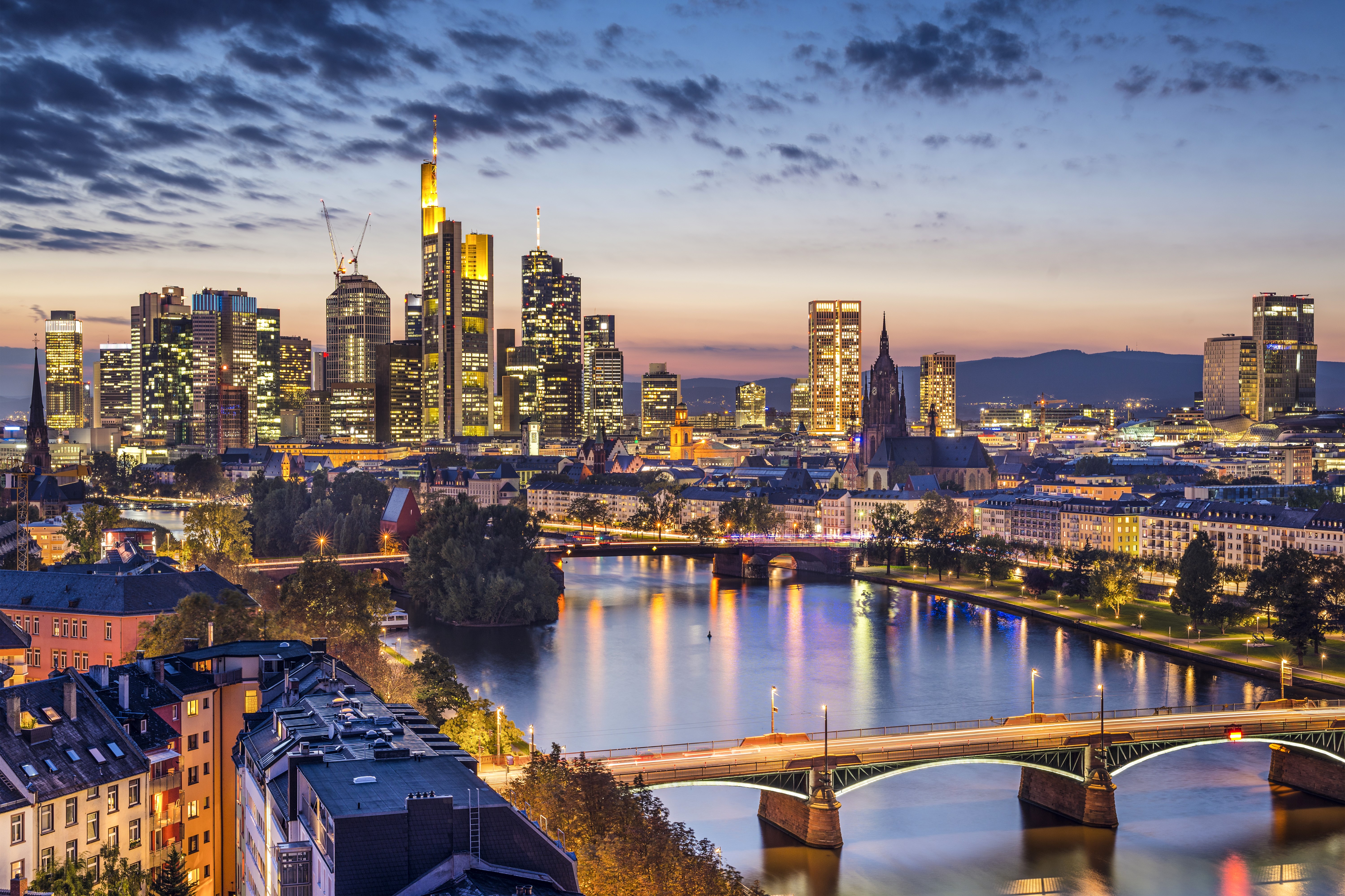 Frankfurt skyline with river and bridges at dusk HD Wallpaper
