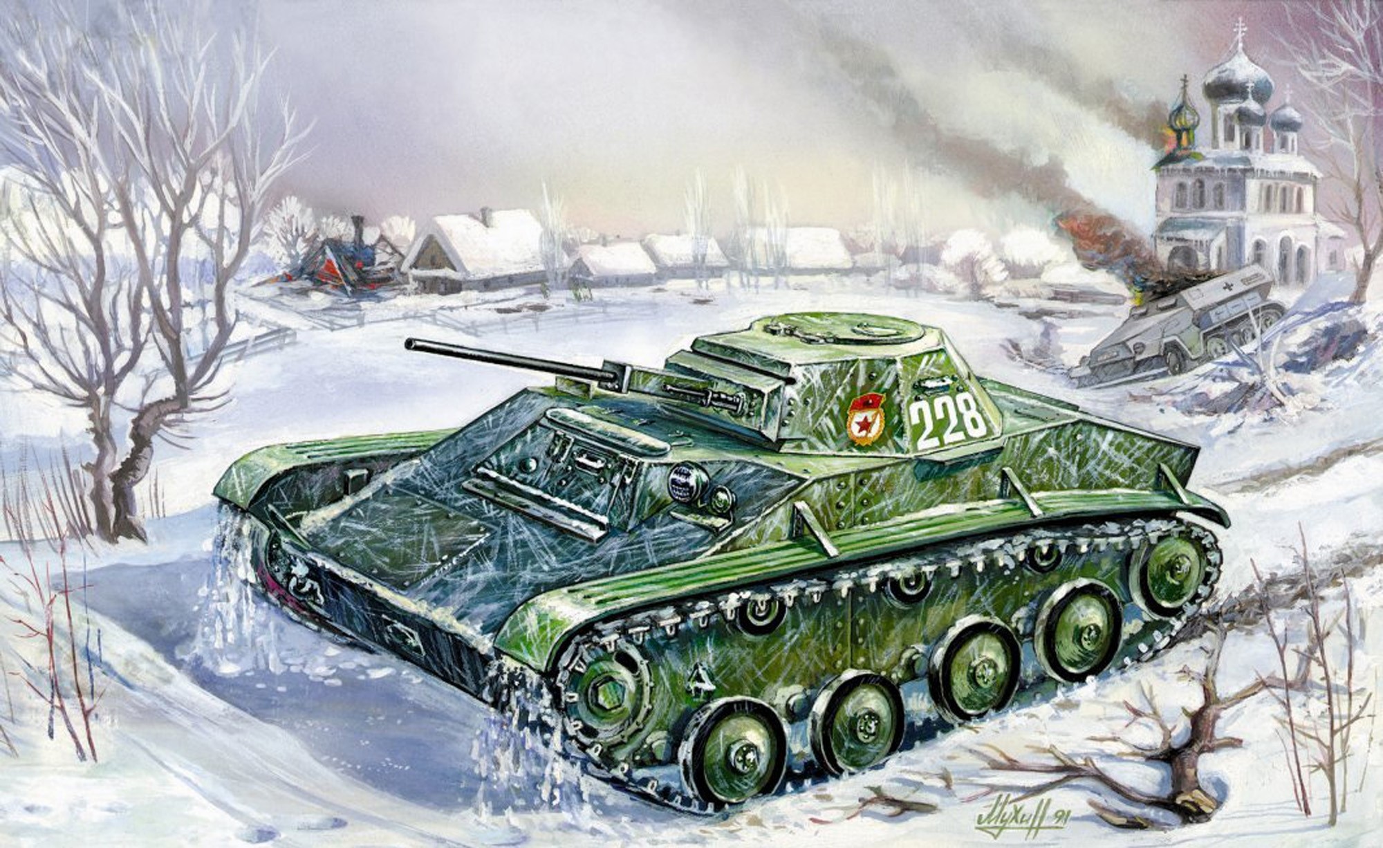T-60 tank in a snowy village with a burning church HD Wallpaper