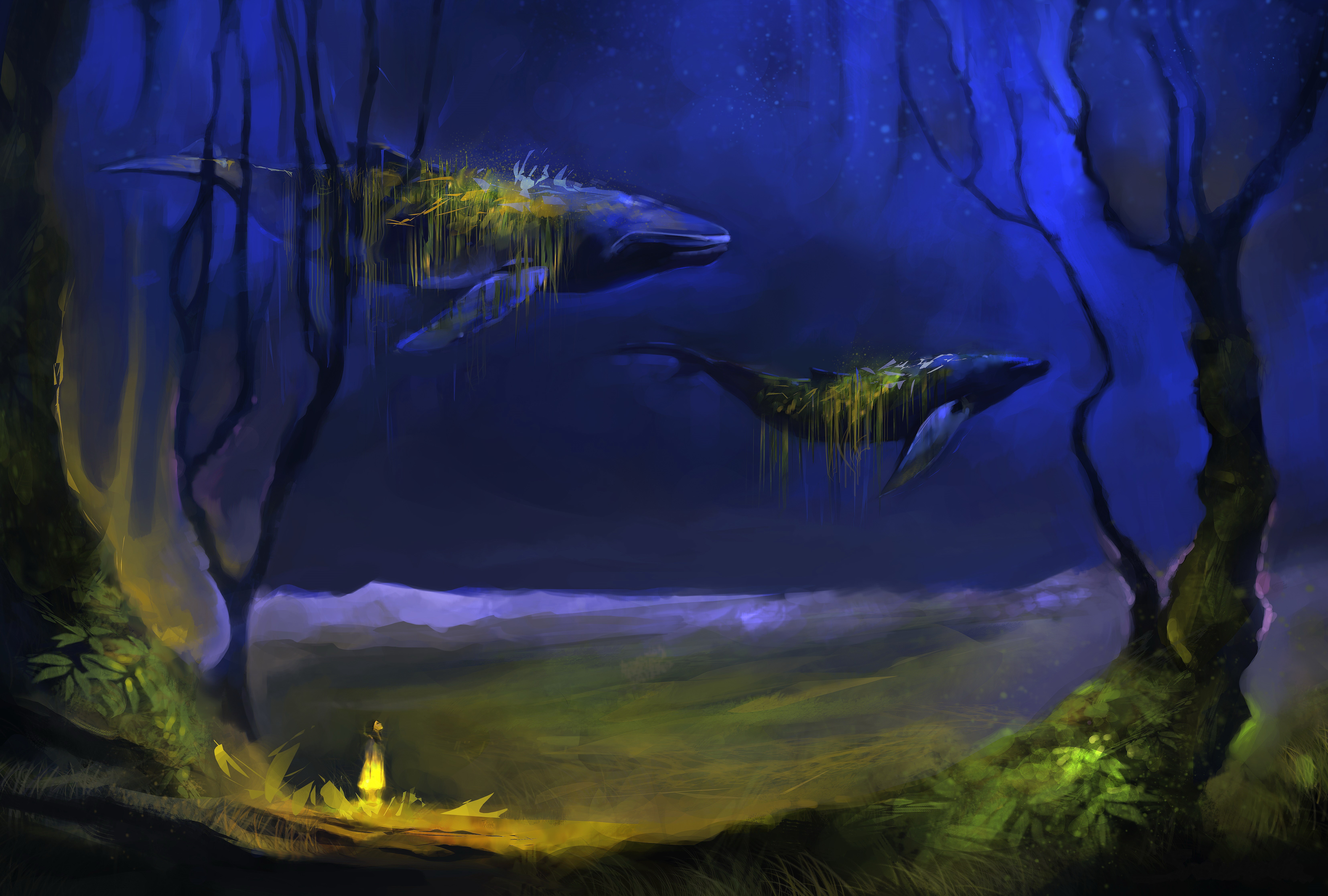 Whales in a surreal underwater forest HD Wallpaper