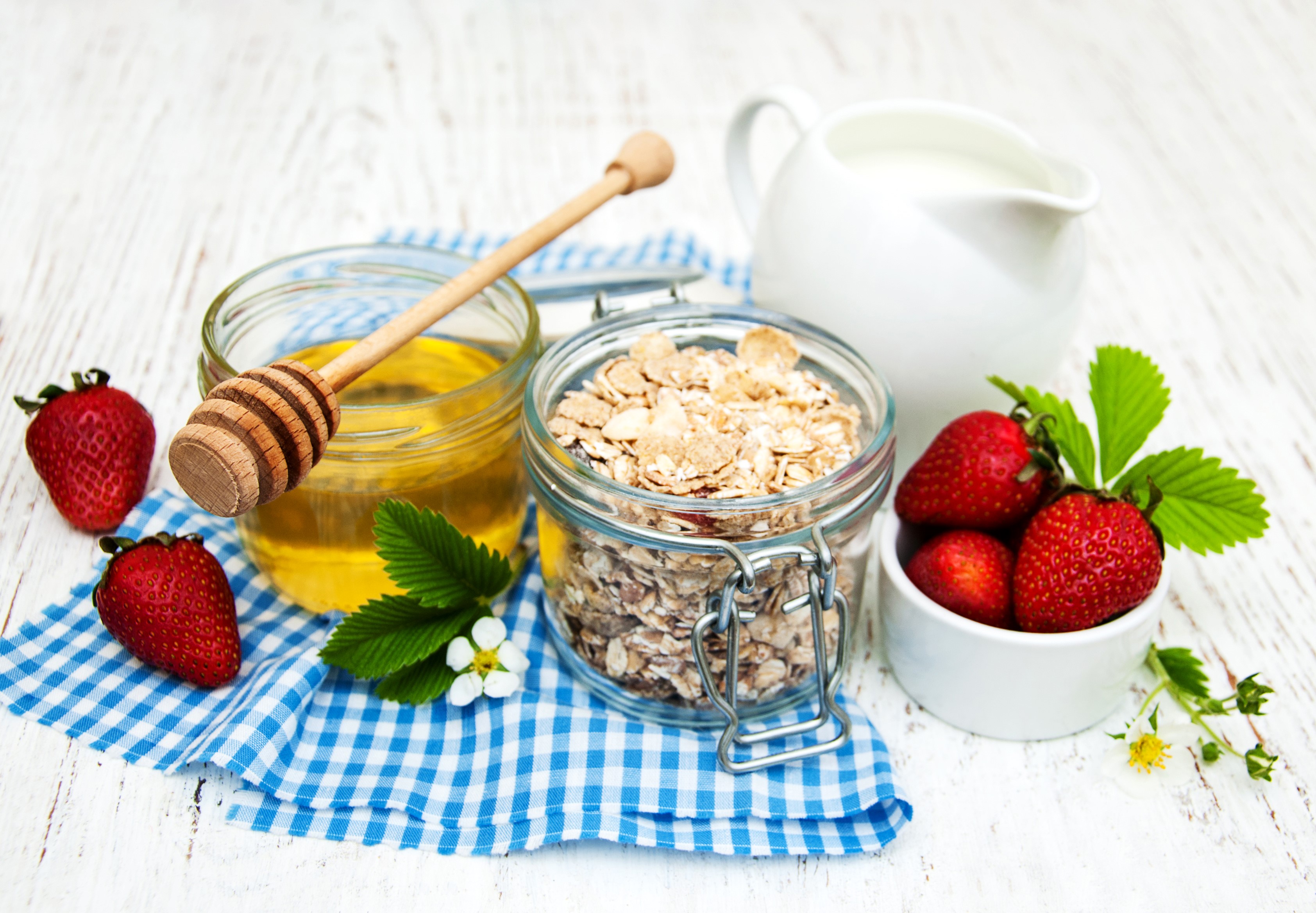 Still life of strawberries, honey, oats, and milk HD Wallpaper