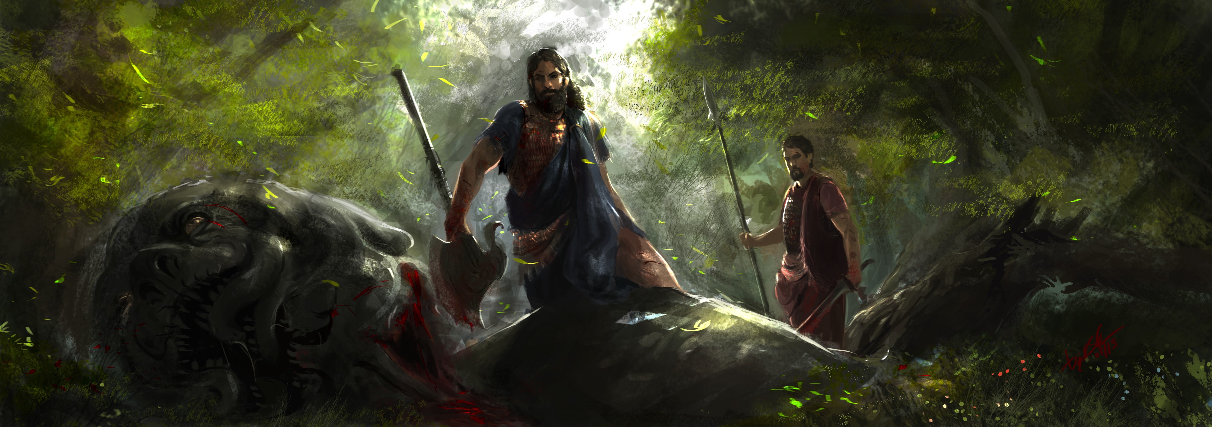 Warriors with battle axes and spear over slain monster HD Wallpaper