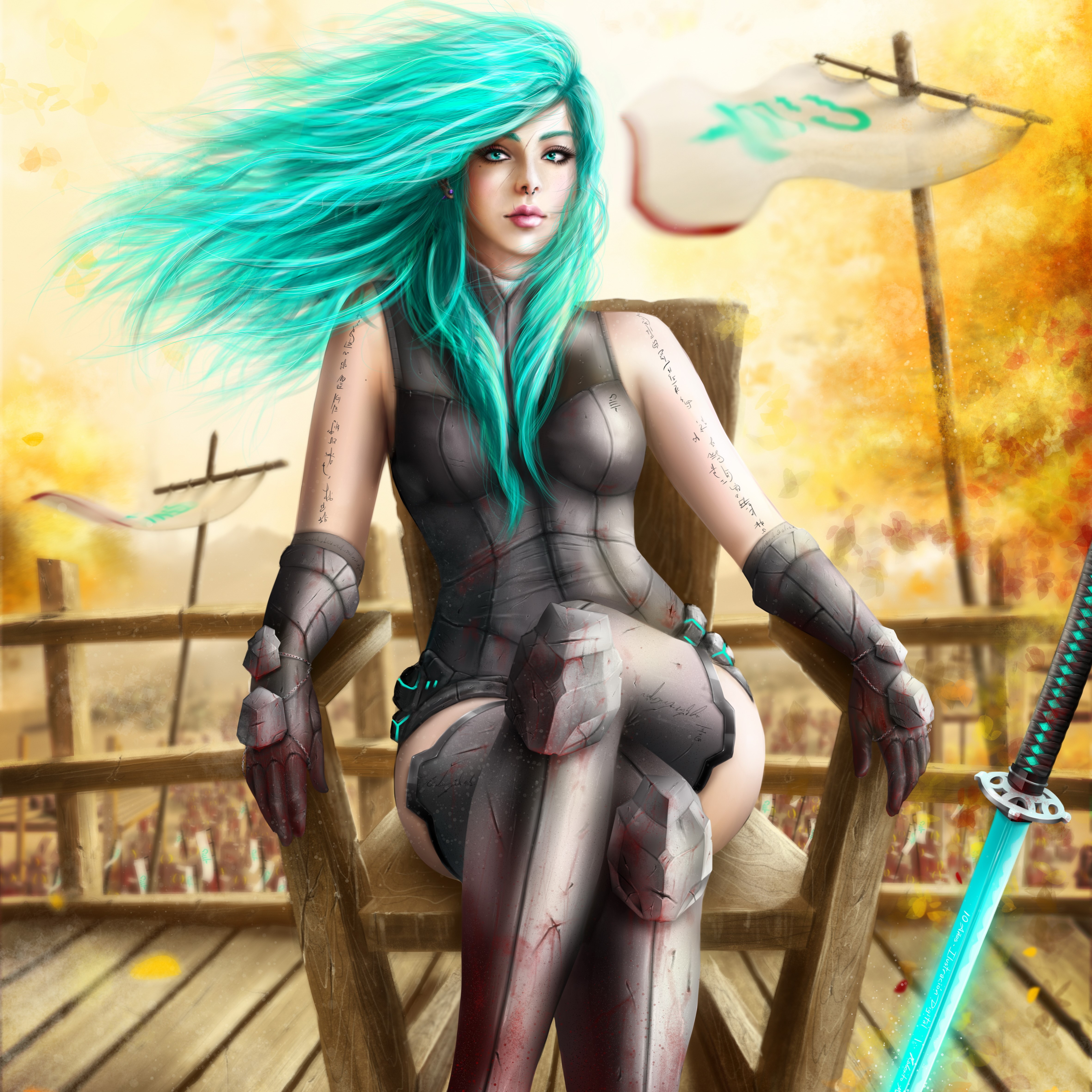Warrior woman with turquoise hair sitting on a wooden chair HD Wallpaper