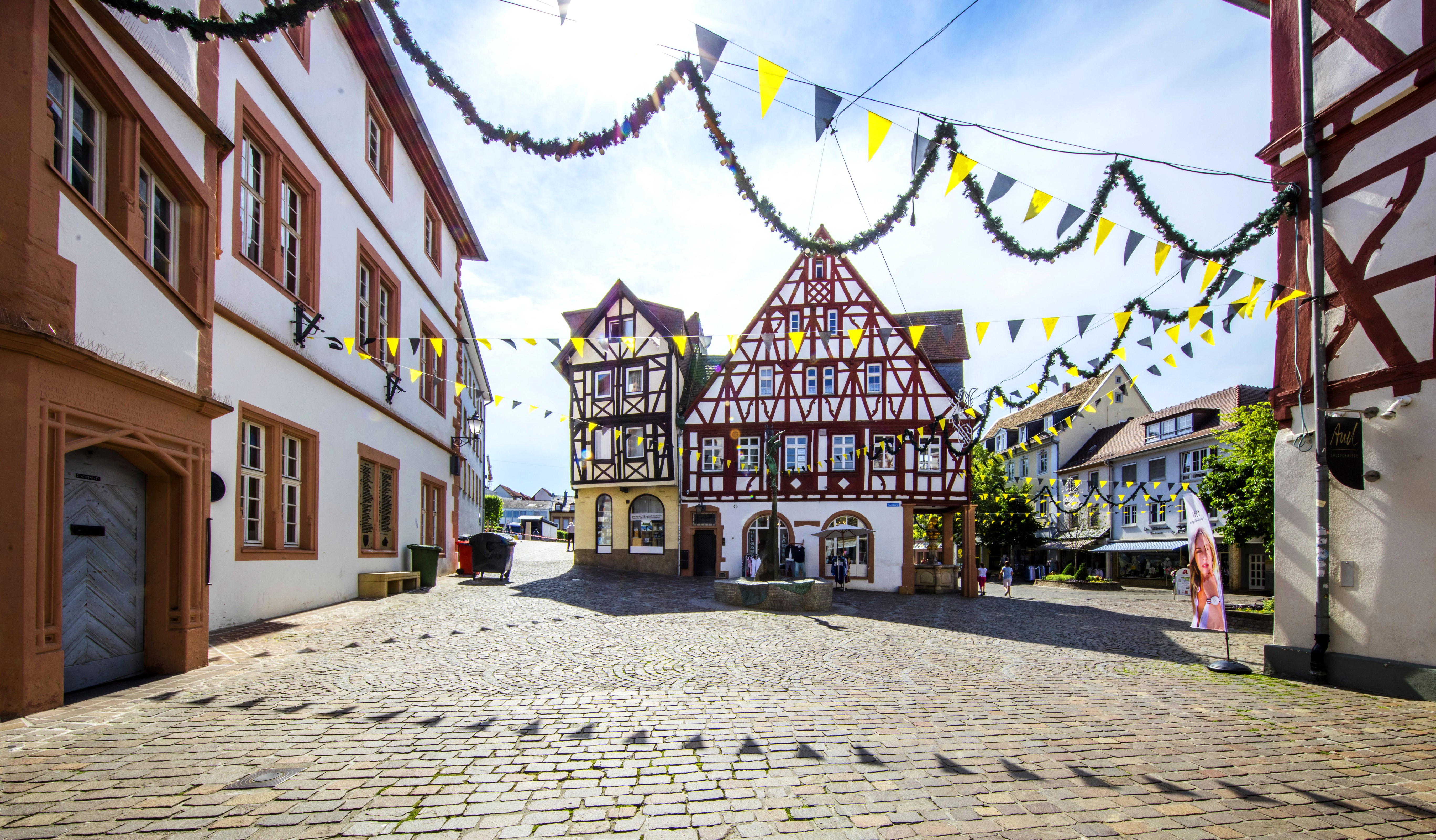 Alzey, Germany street with historic houses and flags HD Wallpaper