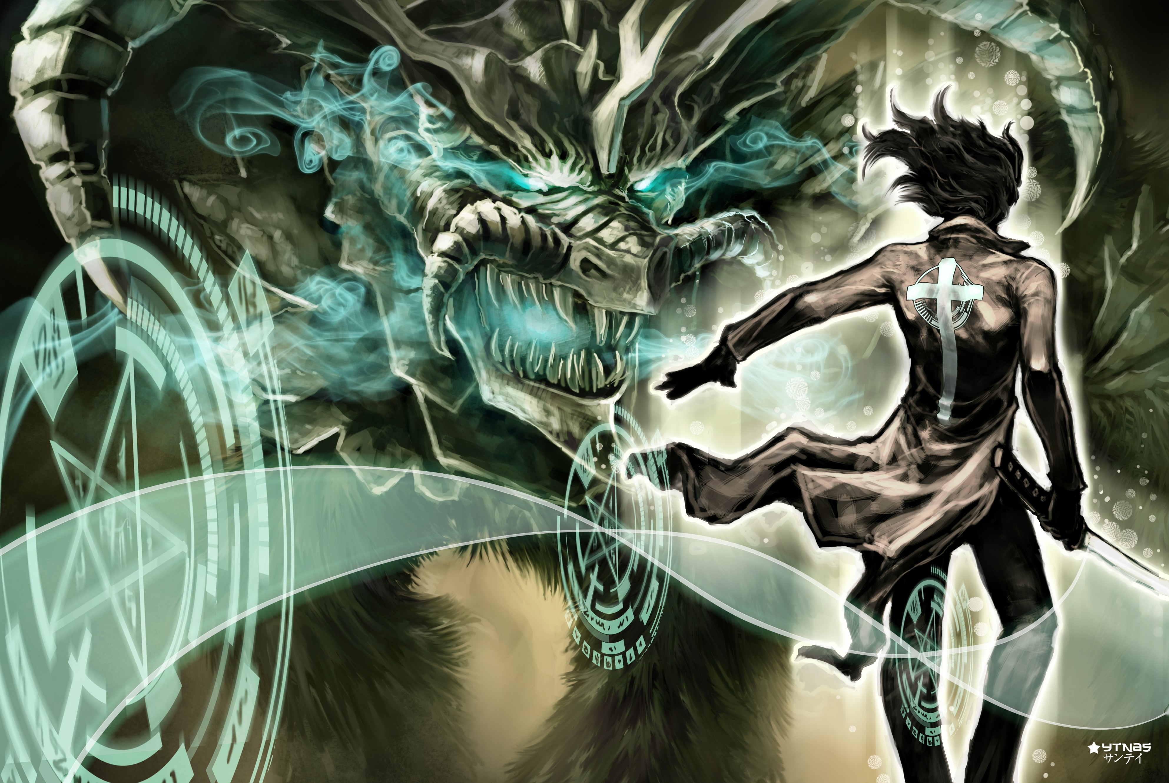 Demon Warrior with Magical Circles HD Wallpaper