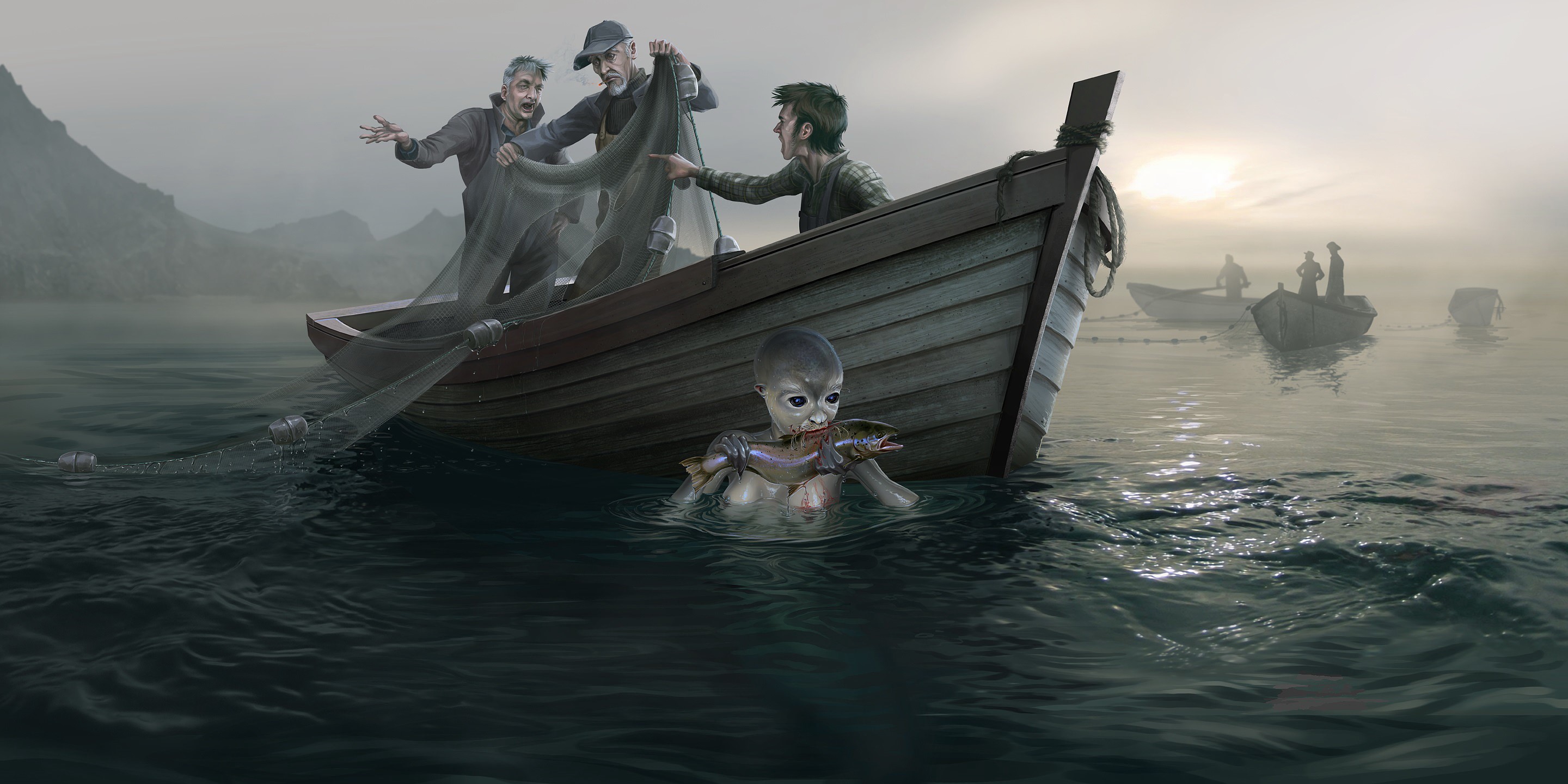 Fishermen in a boat encounter a creature in the water HD Wallpaper