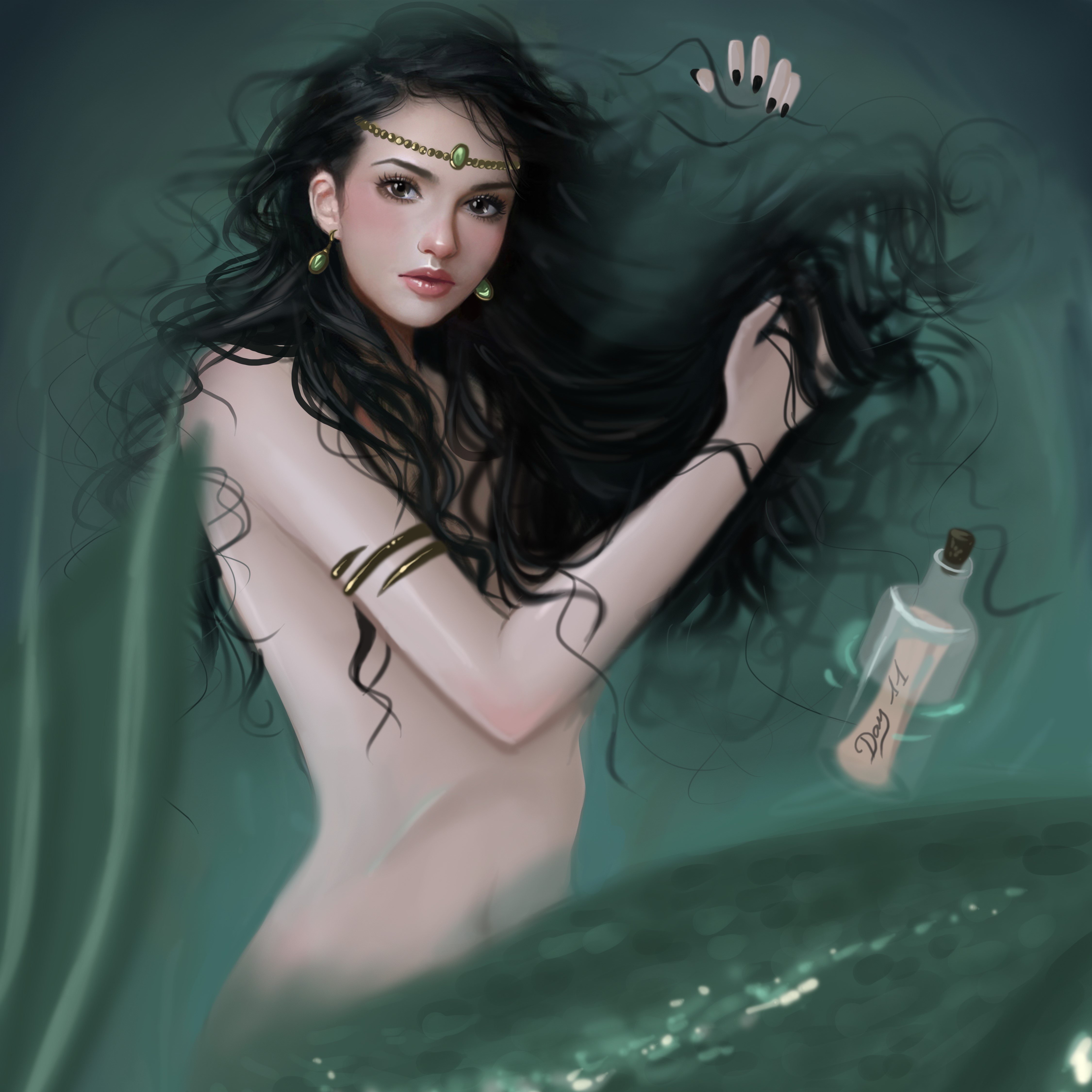 Mermaid with long black hair and a message in a bottle HD Wallpaper