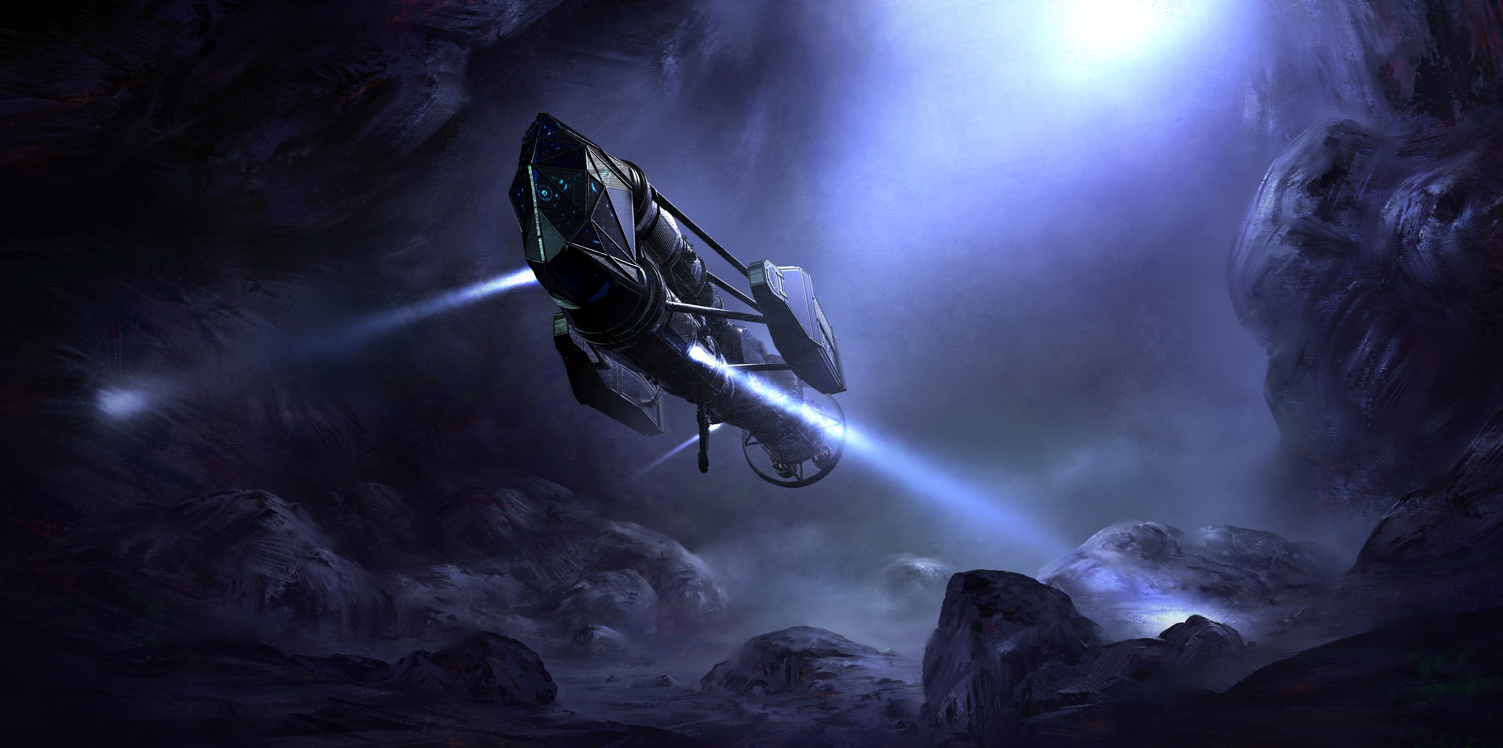 Spaceship exploring a dark cave with blue lights HD Wallpaper