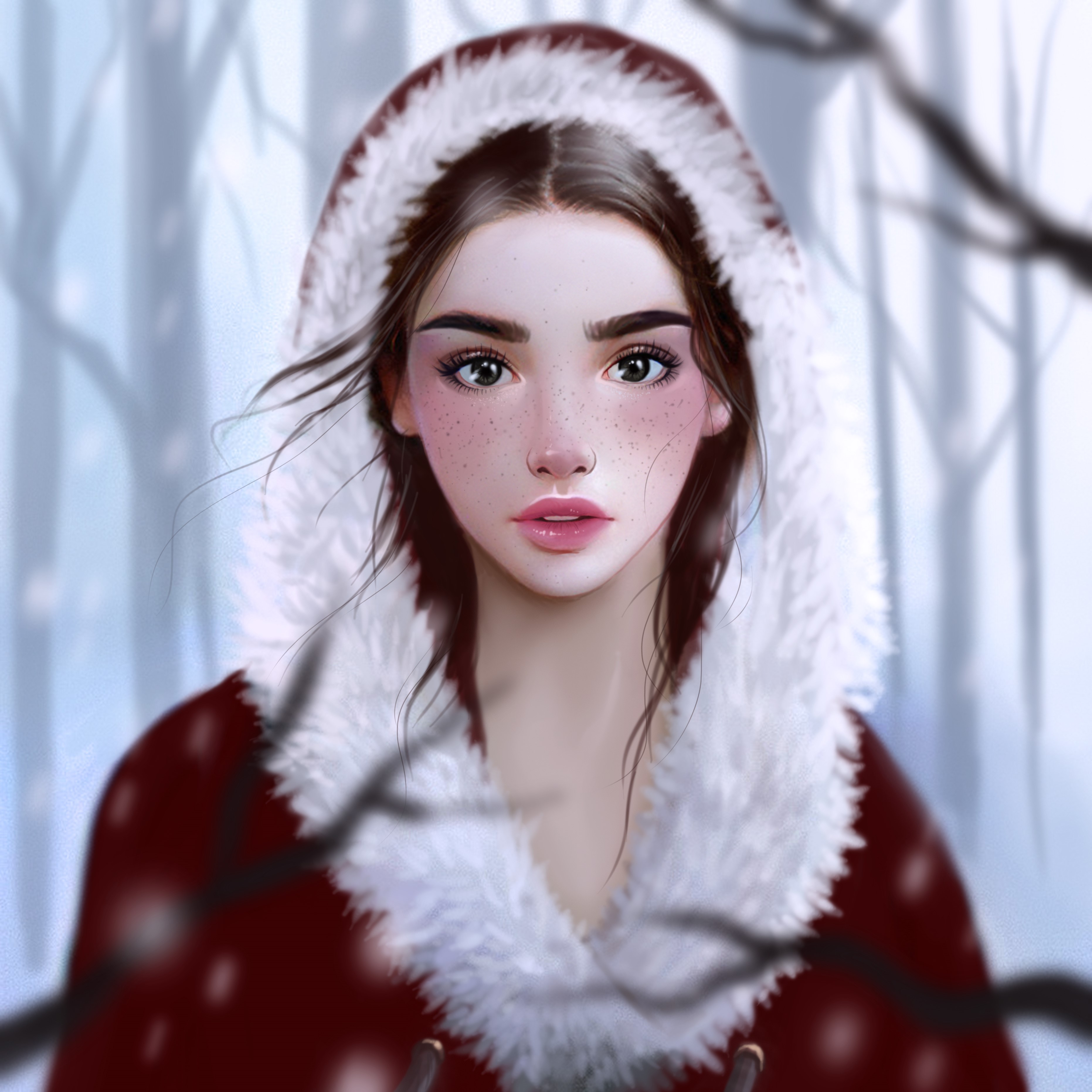 Painting of a girl in a hooded coat HD Wallpaper