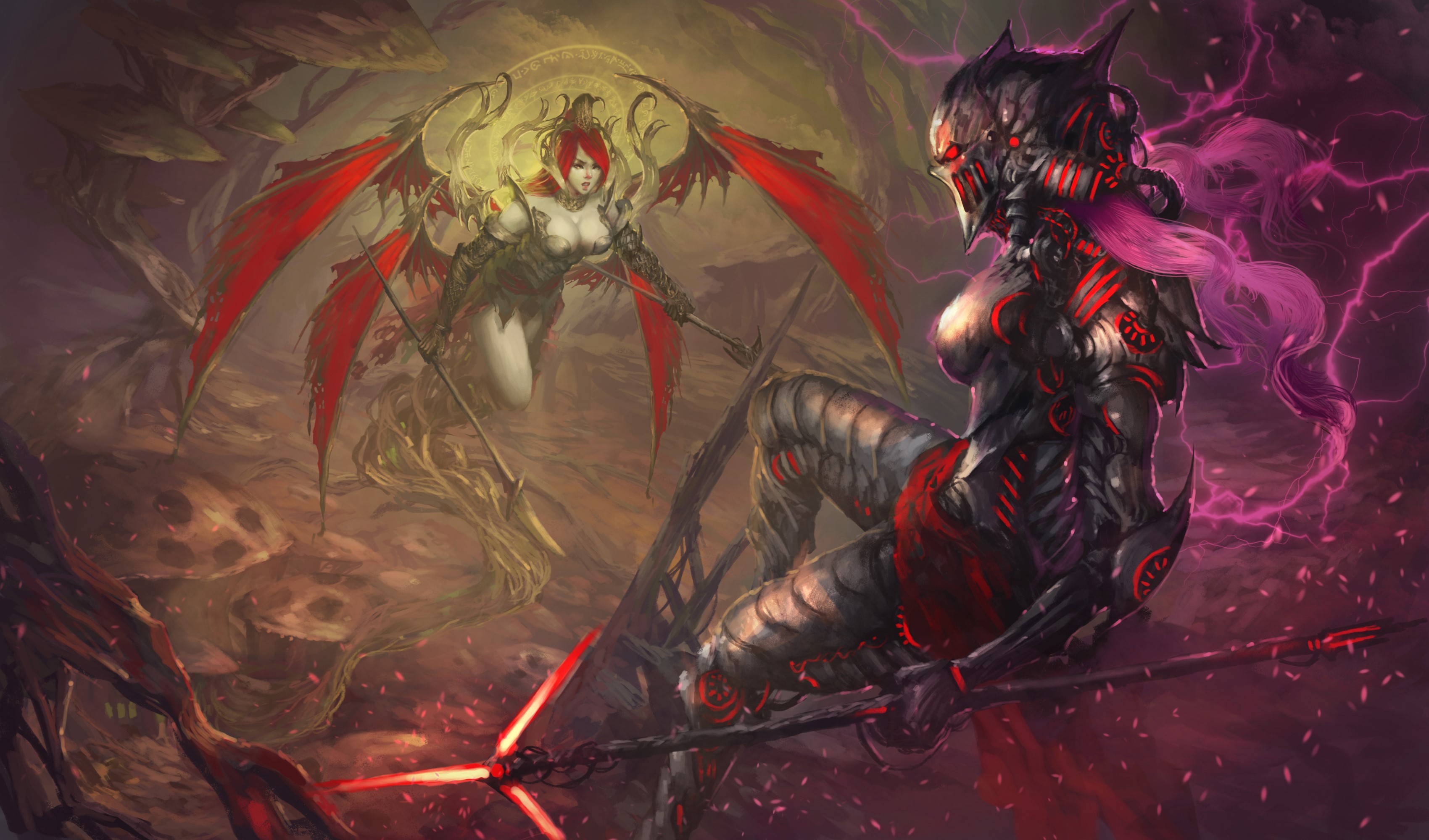 Two armored warriors with spears in a mystical forest HD Wallpaper