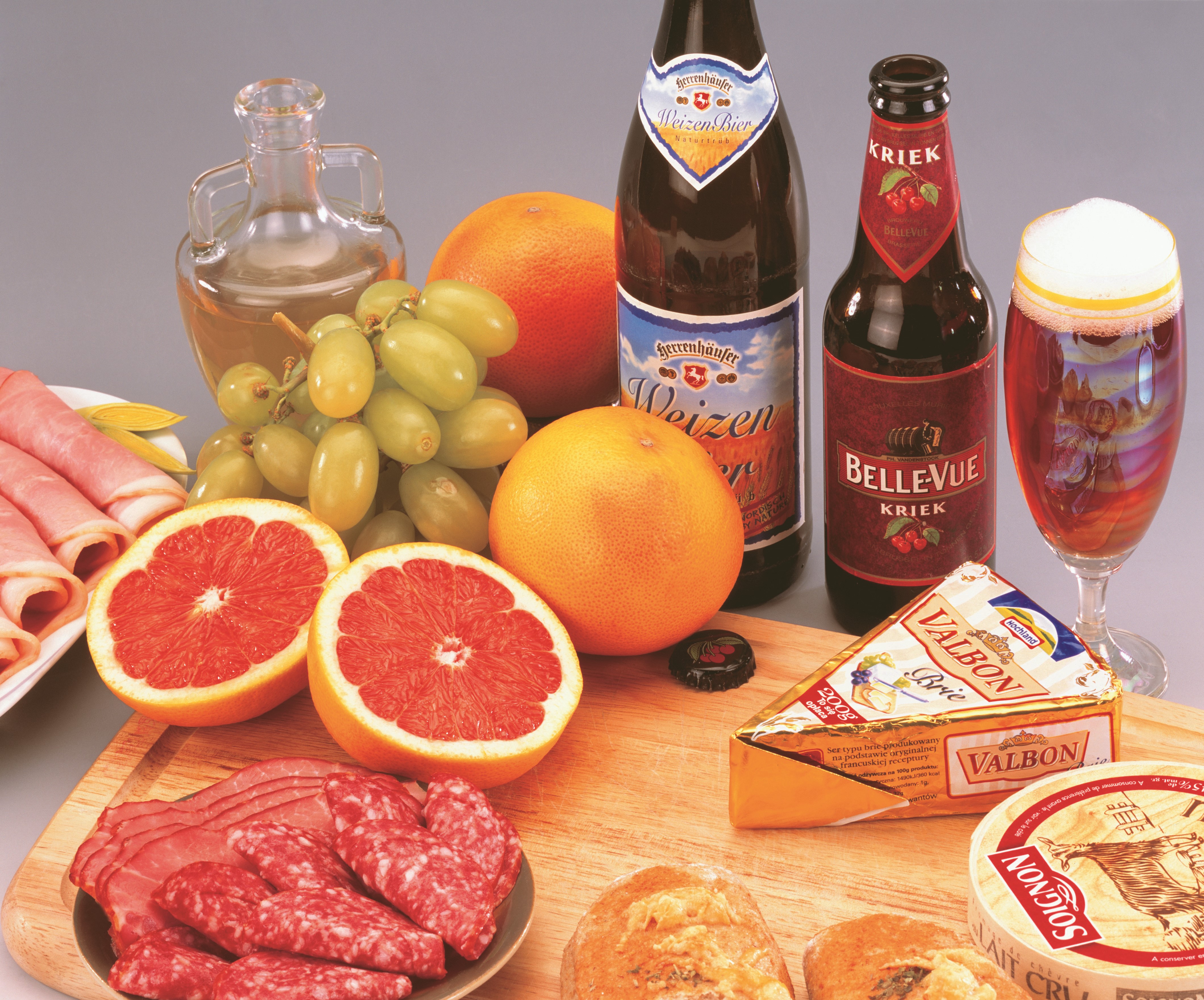 Still-life with Beer, Sausage, Cheese, and Fruit HD Wallpaper
