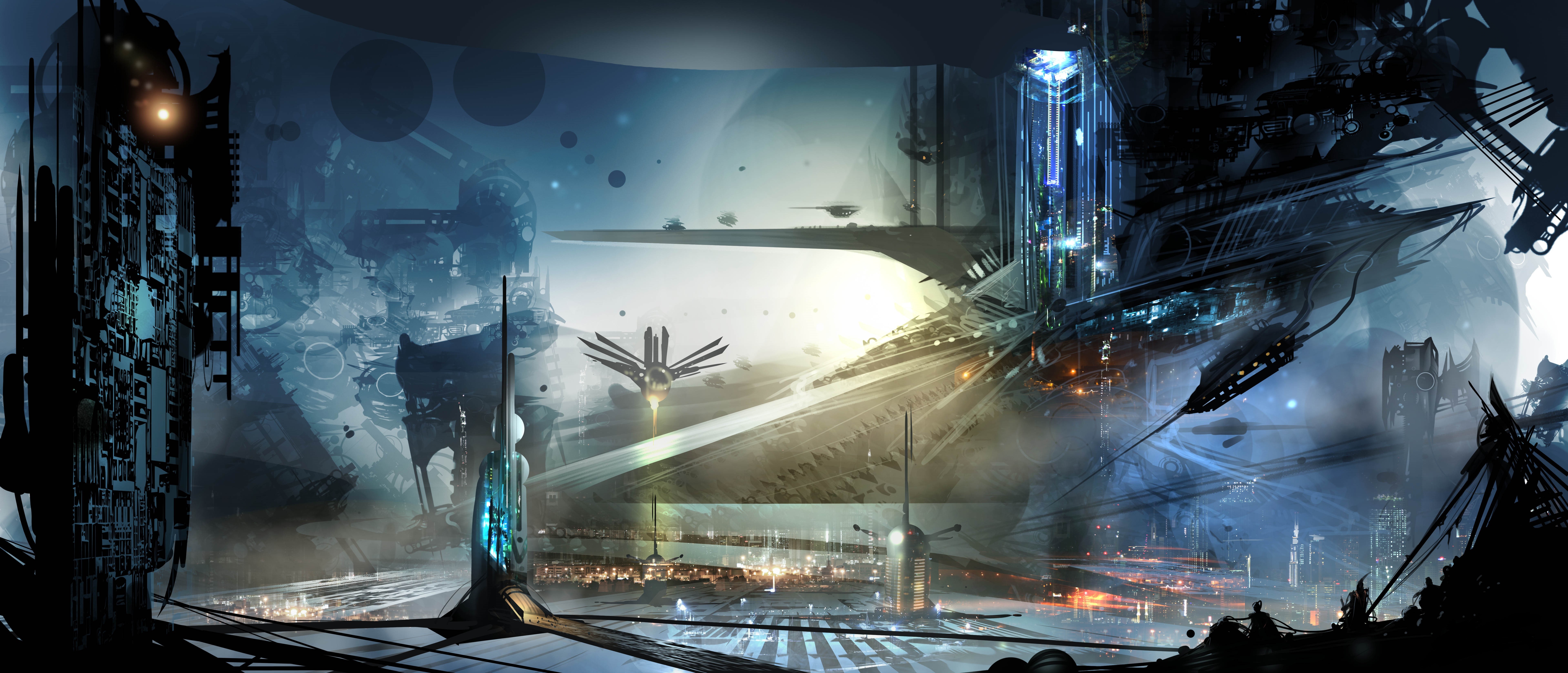 Futuristic city with flying vehicles and advanced architecture HD Wallpaper