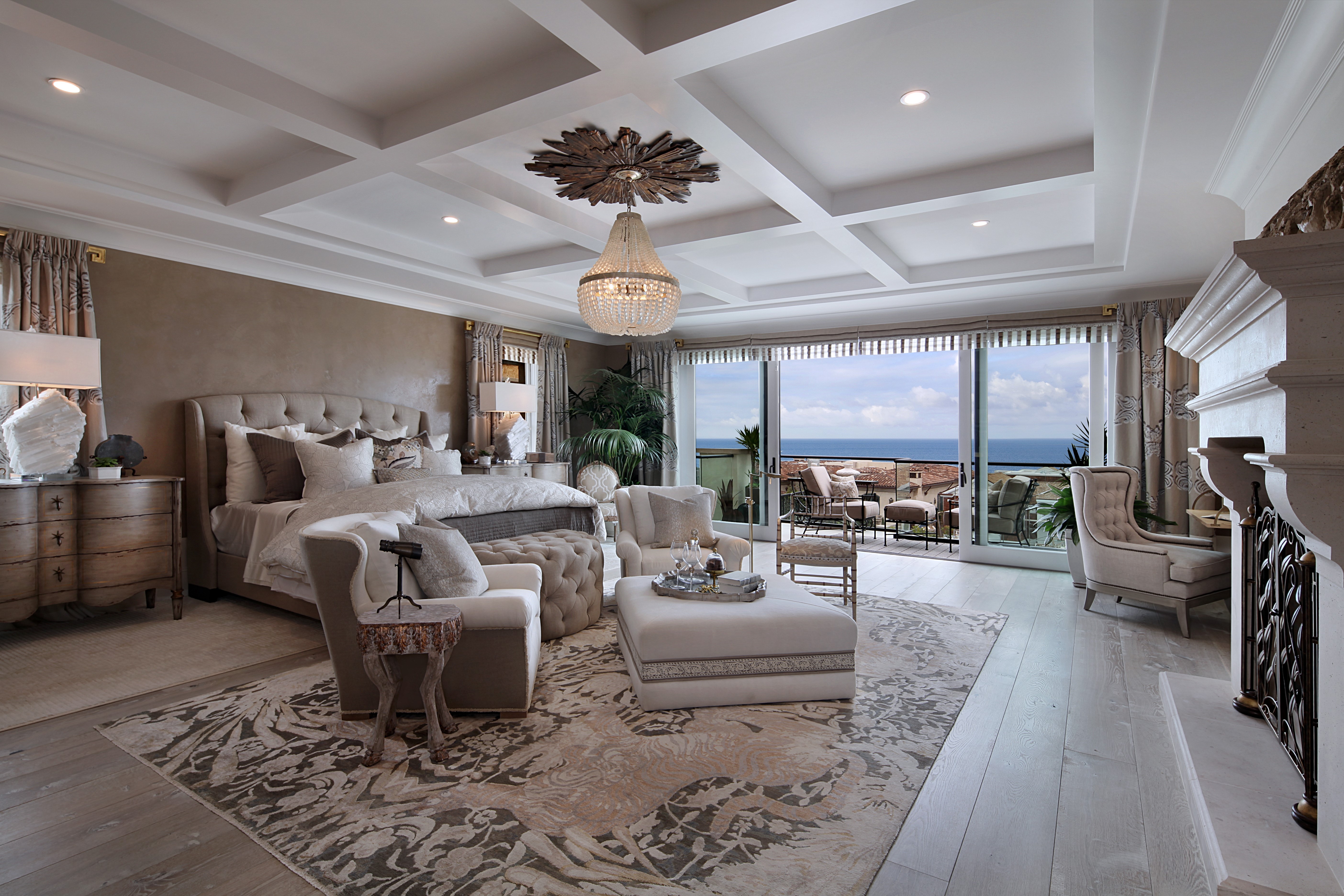 Luxury Bedroom with Ocean View and Chandelier HD Wallpaper