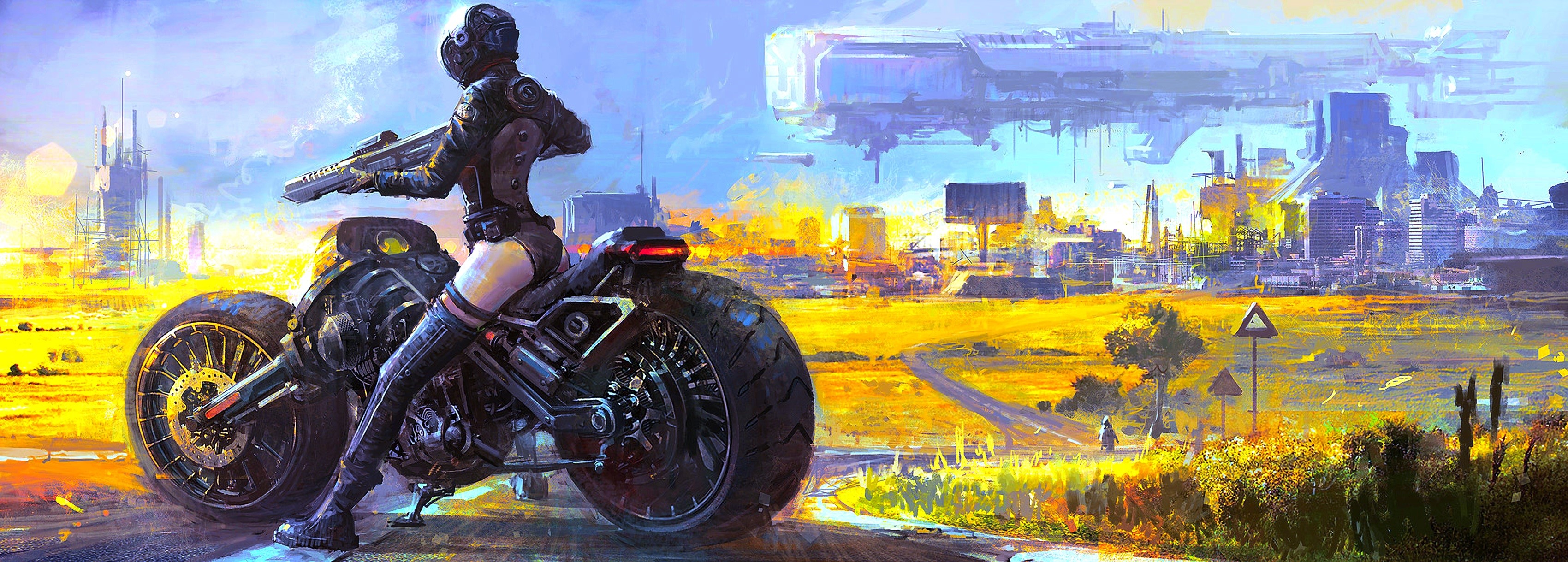 Woman in futuristic armor on a motorcycle with a gun HD Wallpaper