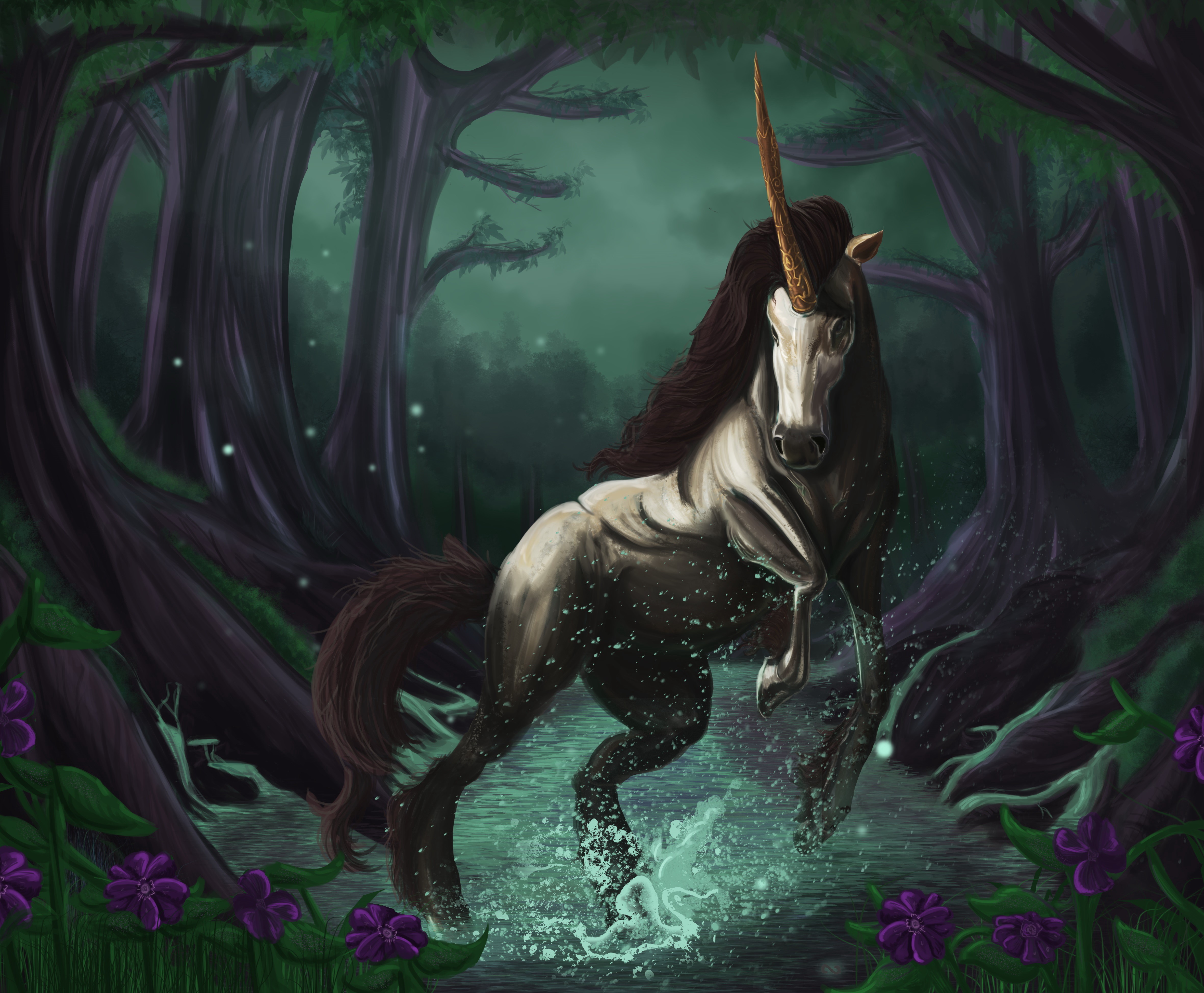 Unicorns in a magical forest HD Wallpaper