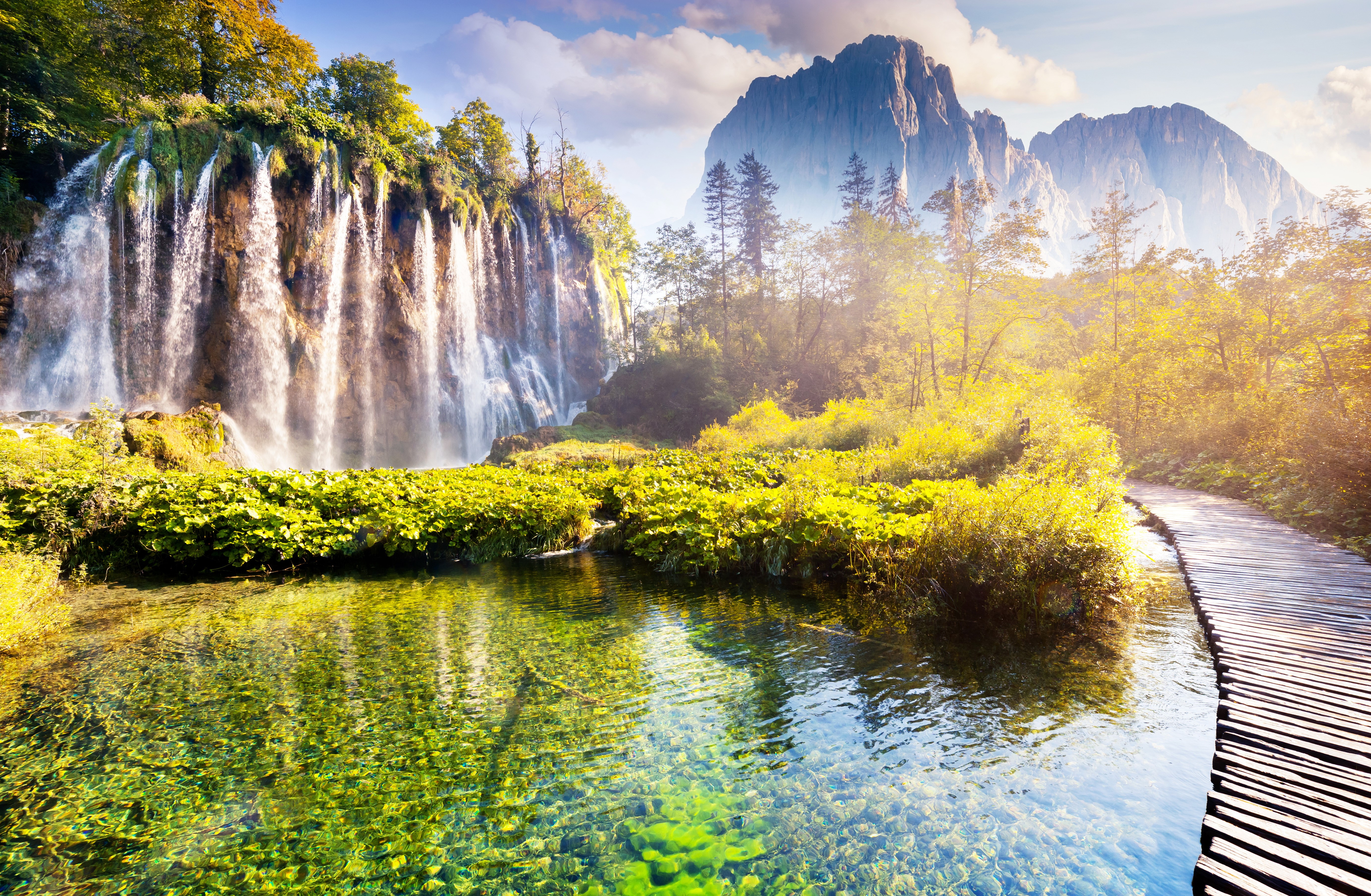 Plitvice Waterfalls and Mountains in Croatia HD Wallpaper