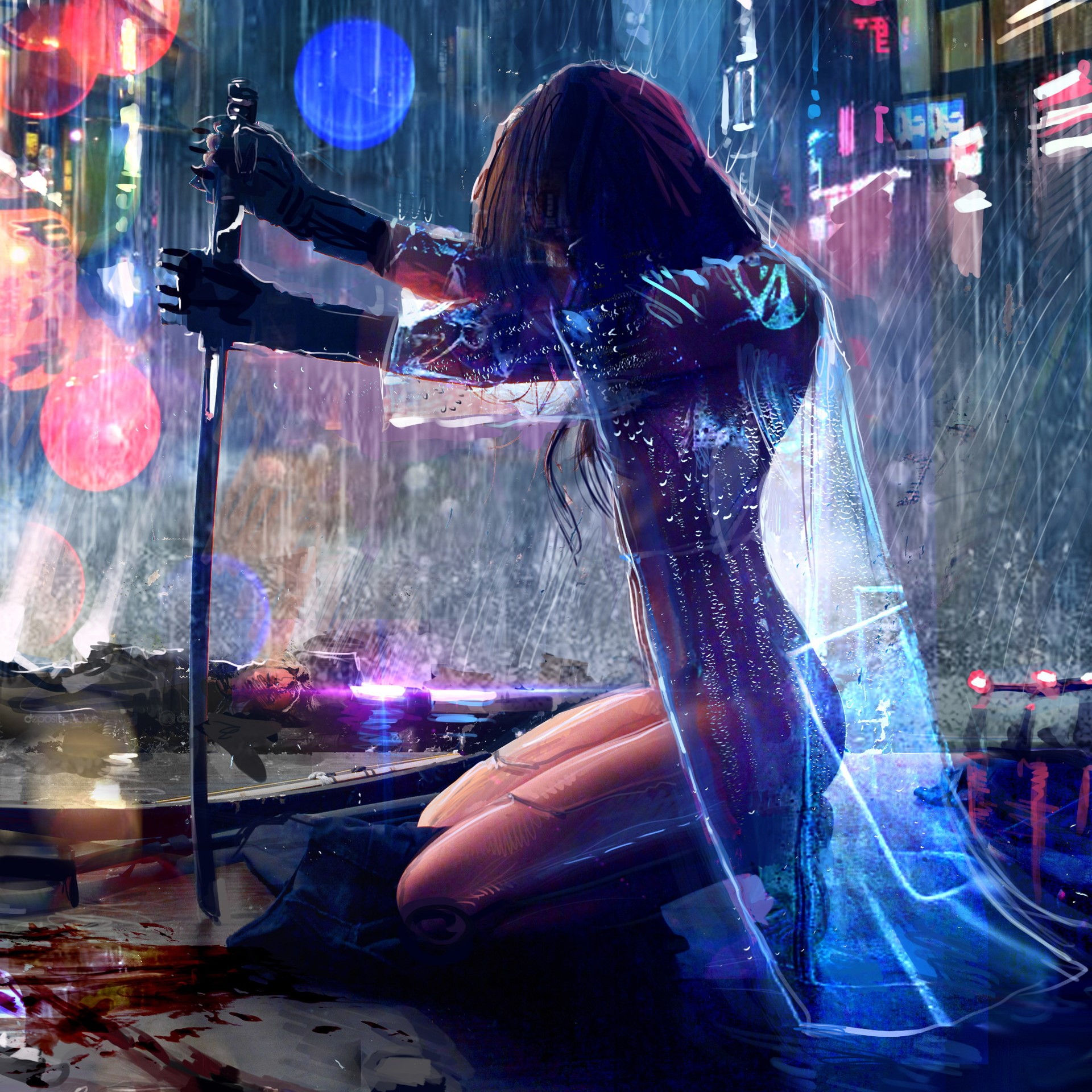 Warrior kneeling with katana in rainy cyberpunk city HD Wallpaper