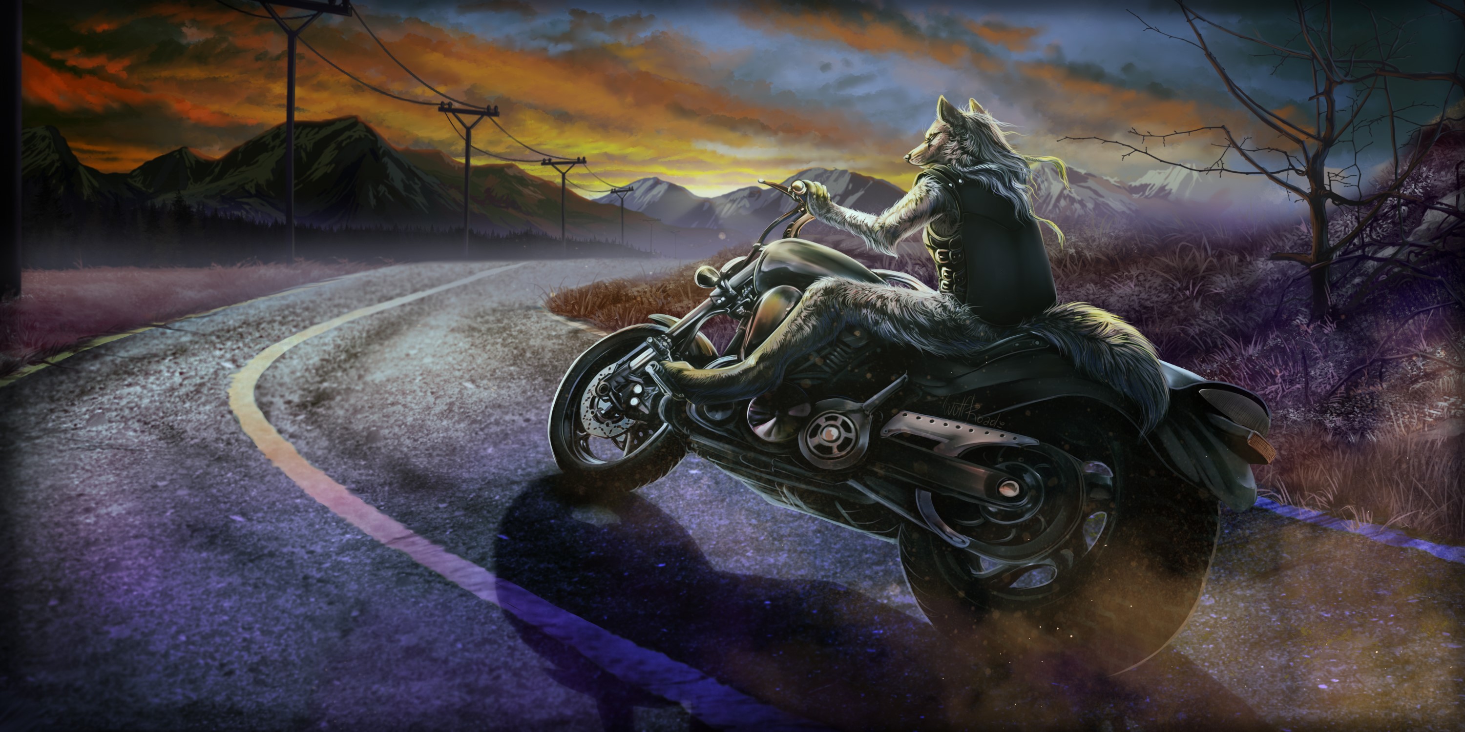 Werewolf riding a motorcycle on a road at sunset HD Wallpaper