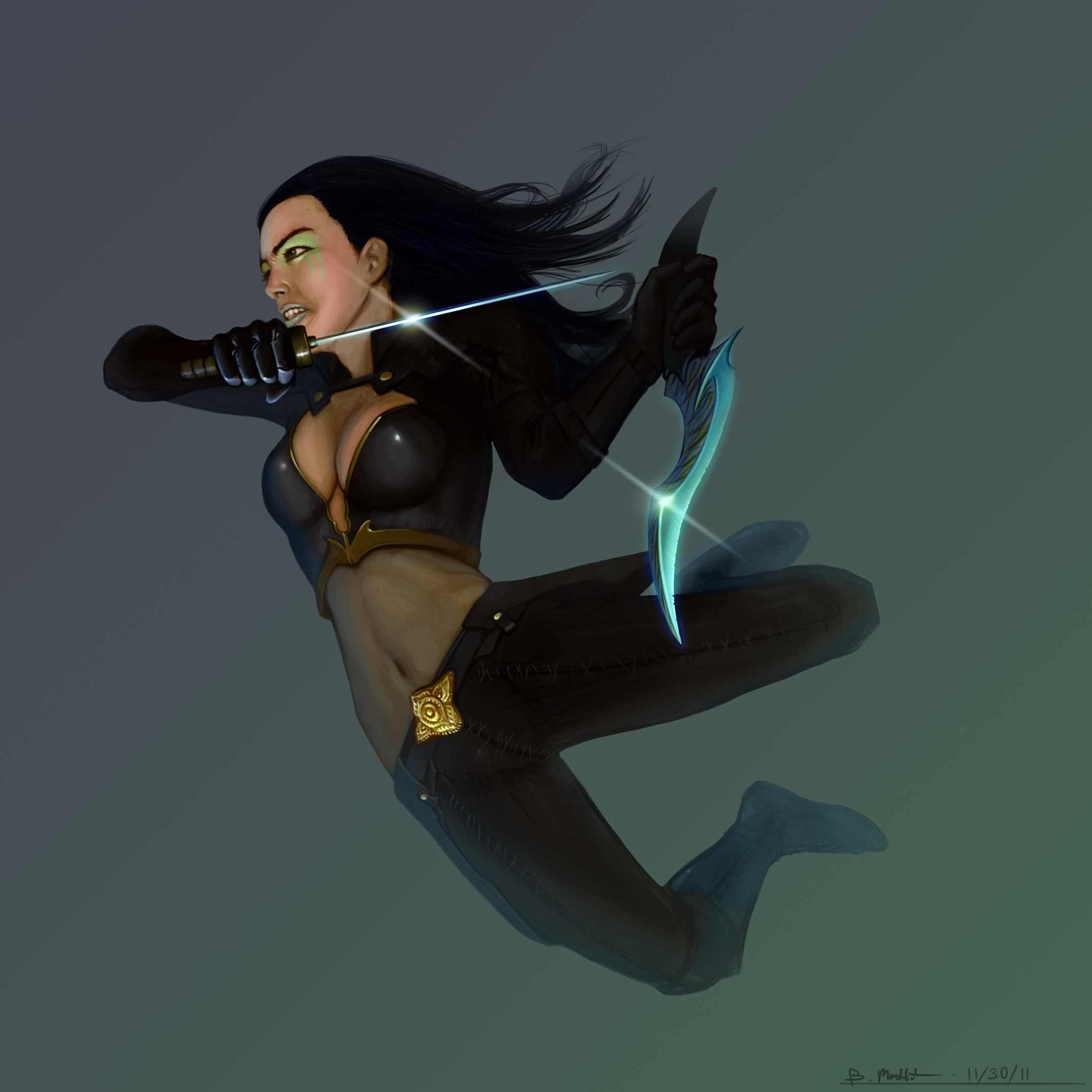 Warrior woman with bow and knife jumping HD Wallpaper