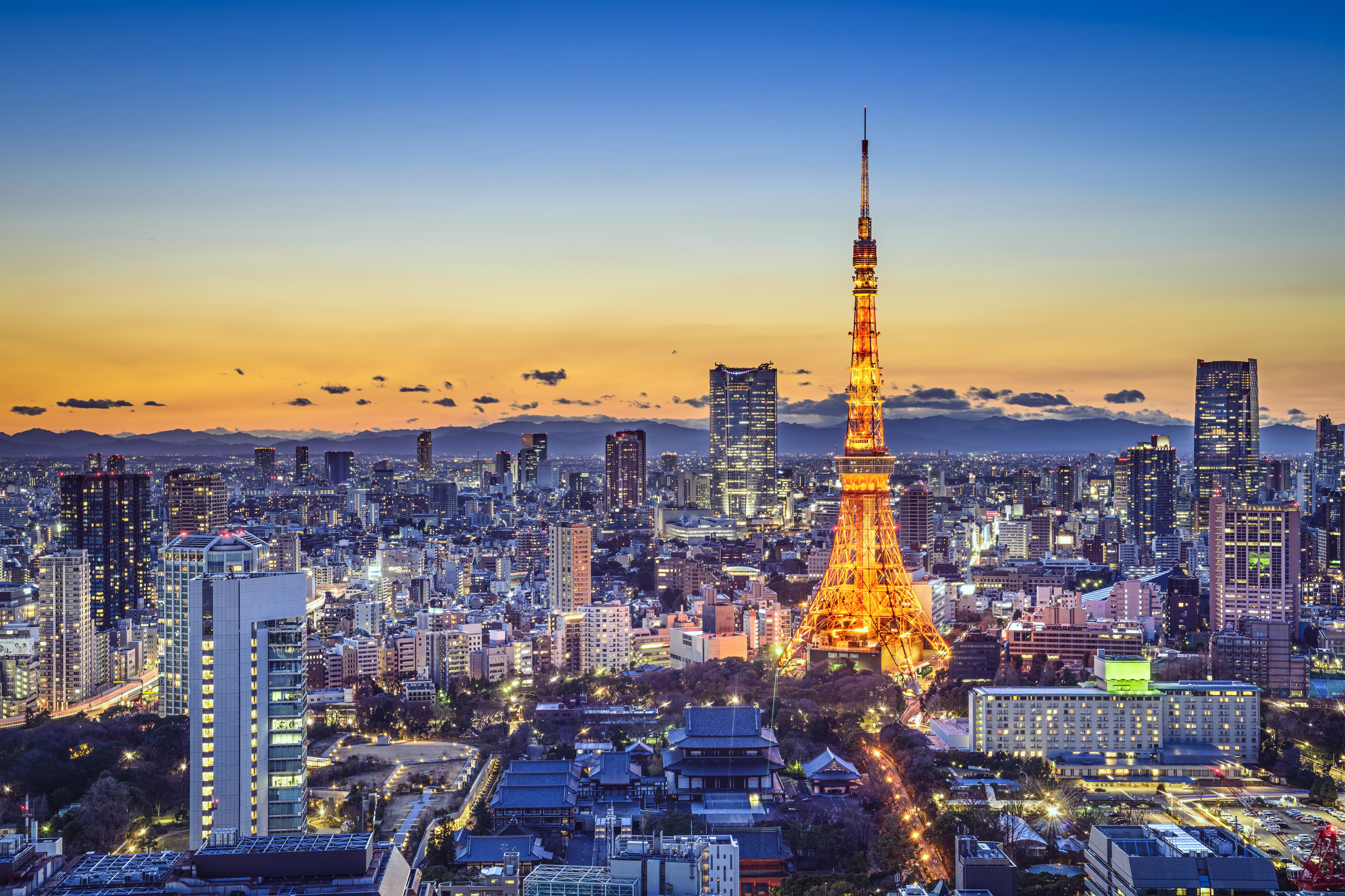 Tokyo Tower and cityscape at sunset, Japan HD Wallpaper