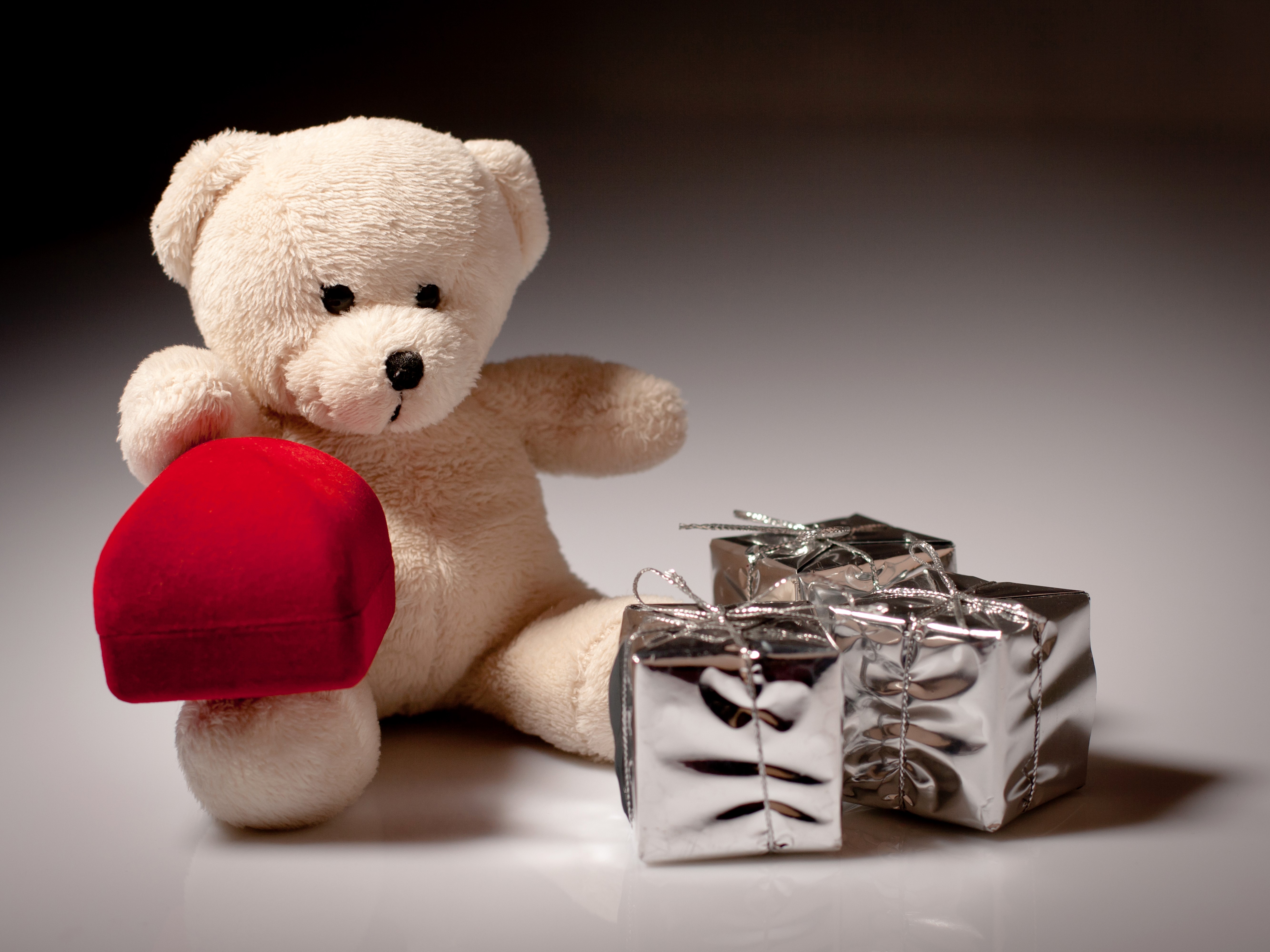 Teddy bear with red ring box and silver gifts HD Wallpaper