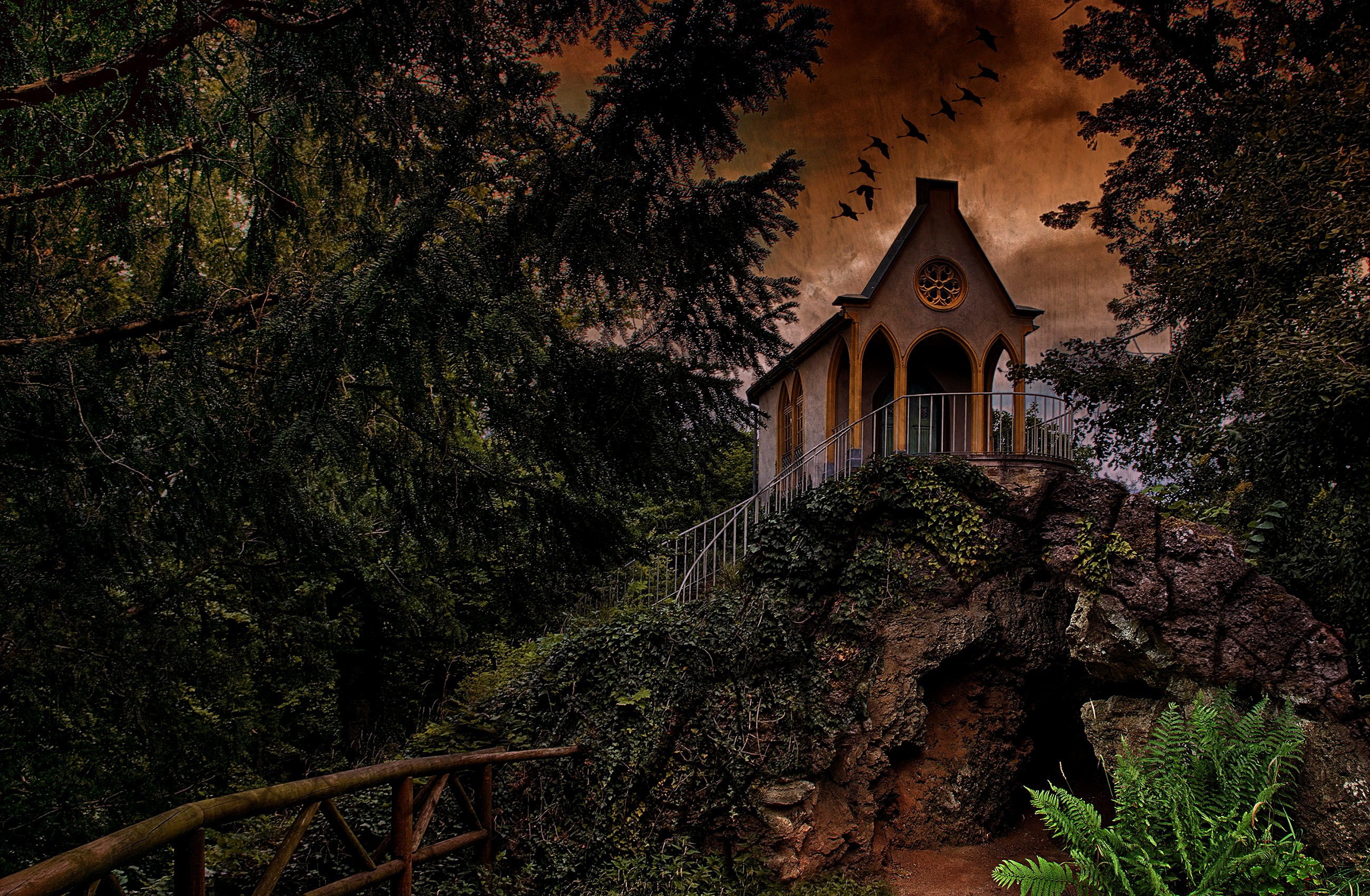 Chapel on a rocky crag with trees and birds HD Wallpaper