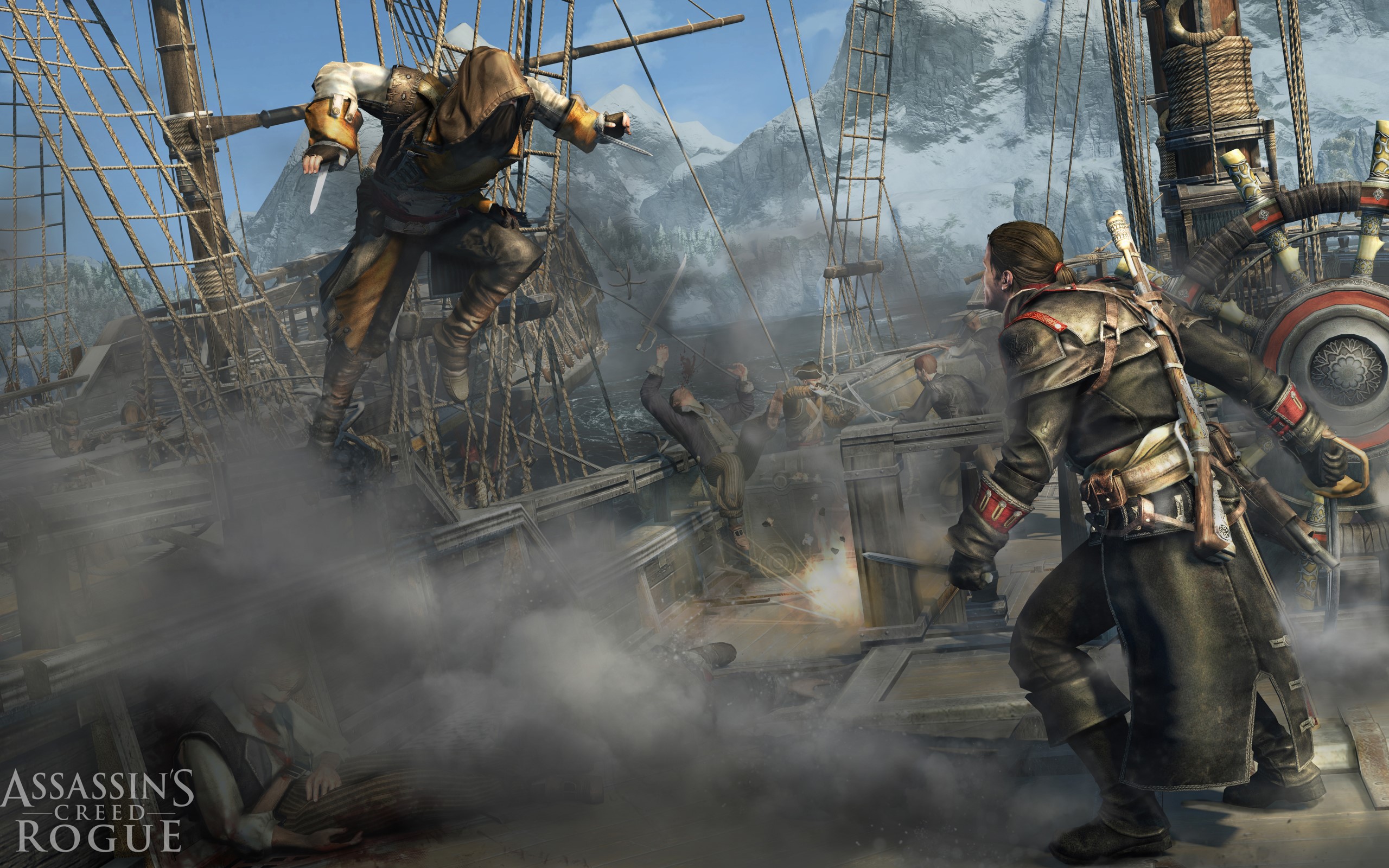Assassin's Creed Rogue naval battle with soldiers fighting HD Wallpaper