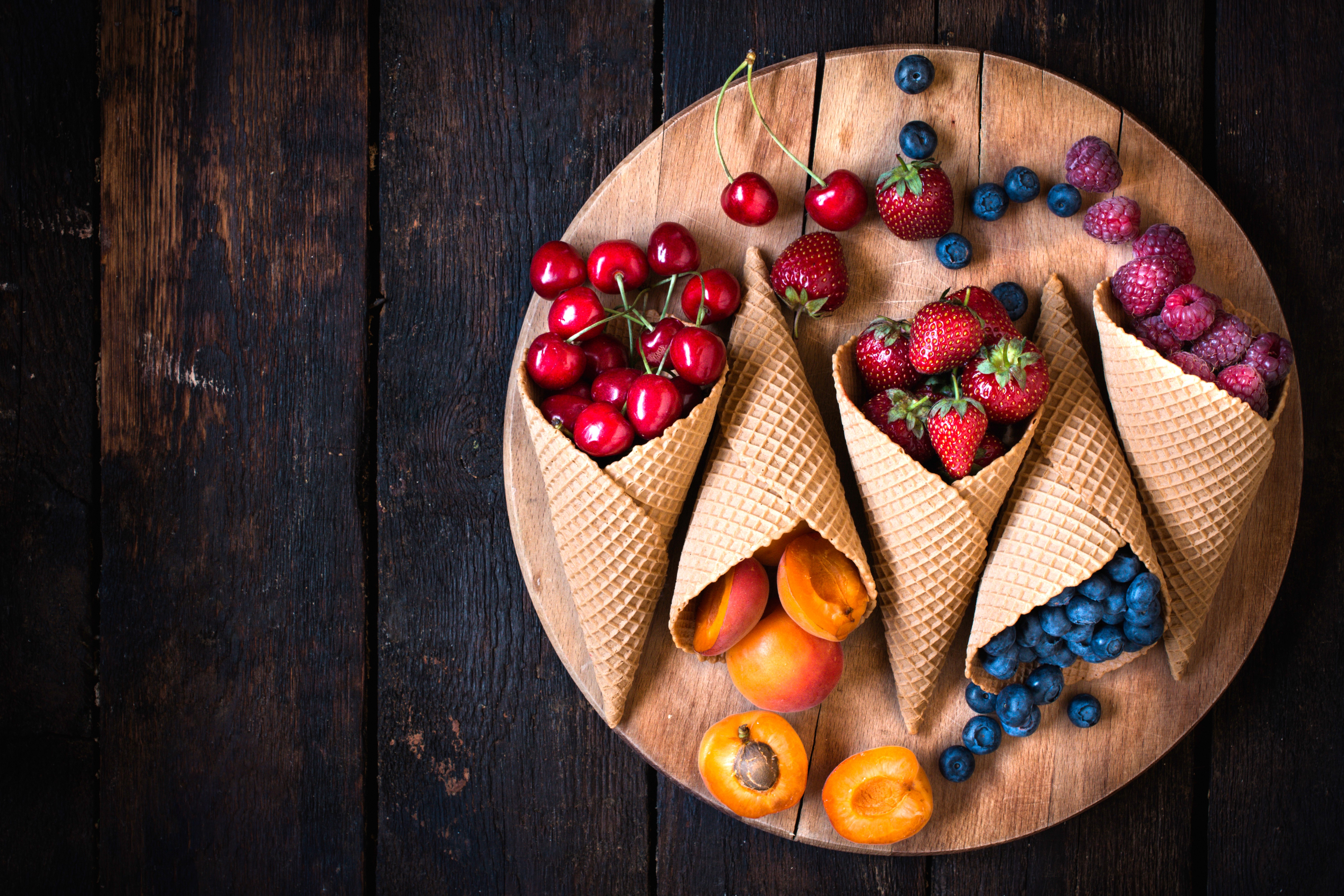 Fruit in Waffle Cones: Cherries, Strawberries, Blueberries, Raspberries, Apricots HD Wallpaper