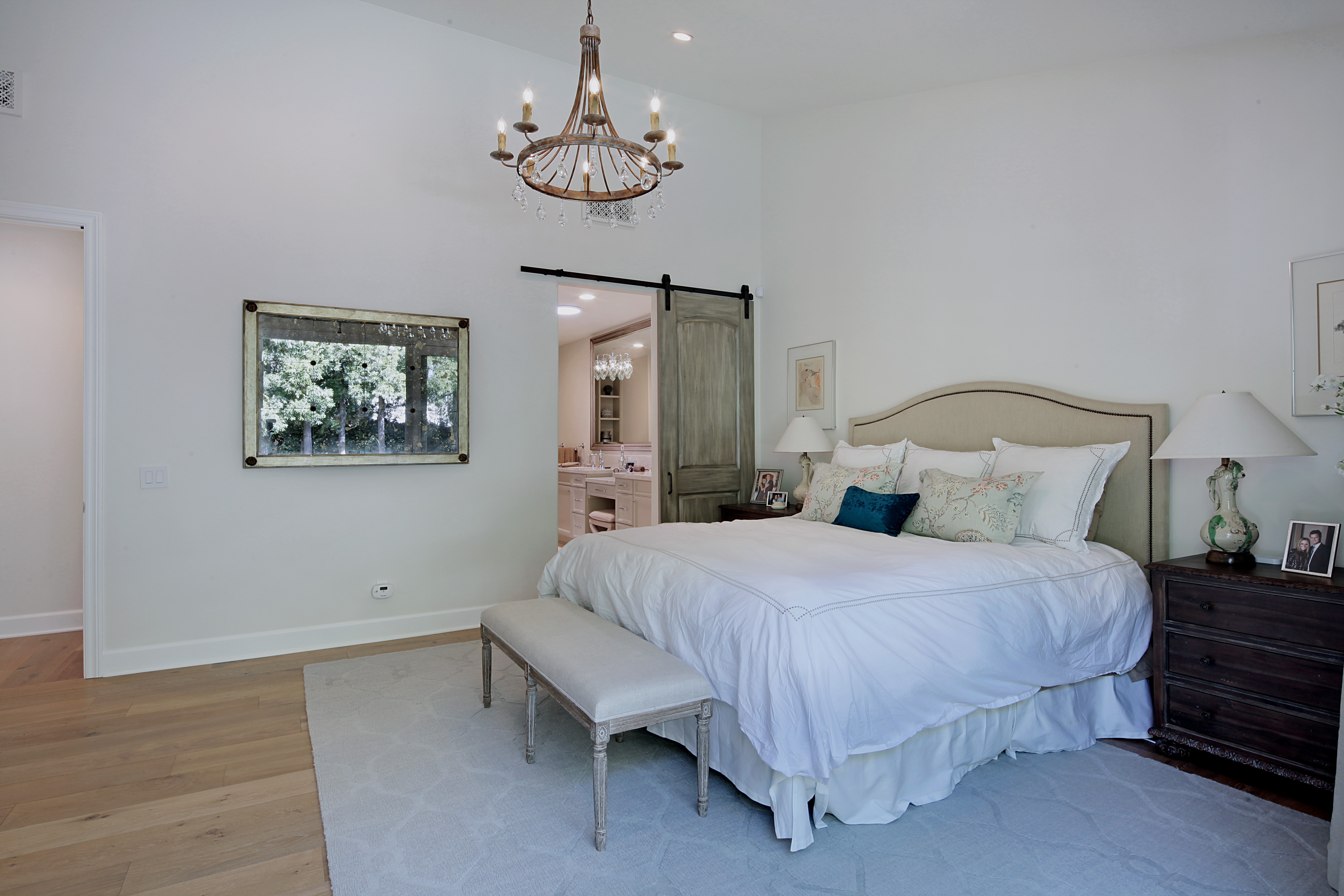 Bedroom with Chandelier and Barn Door HD Wallpaper