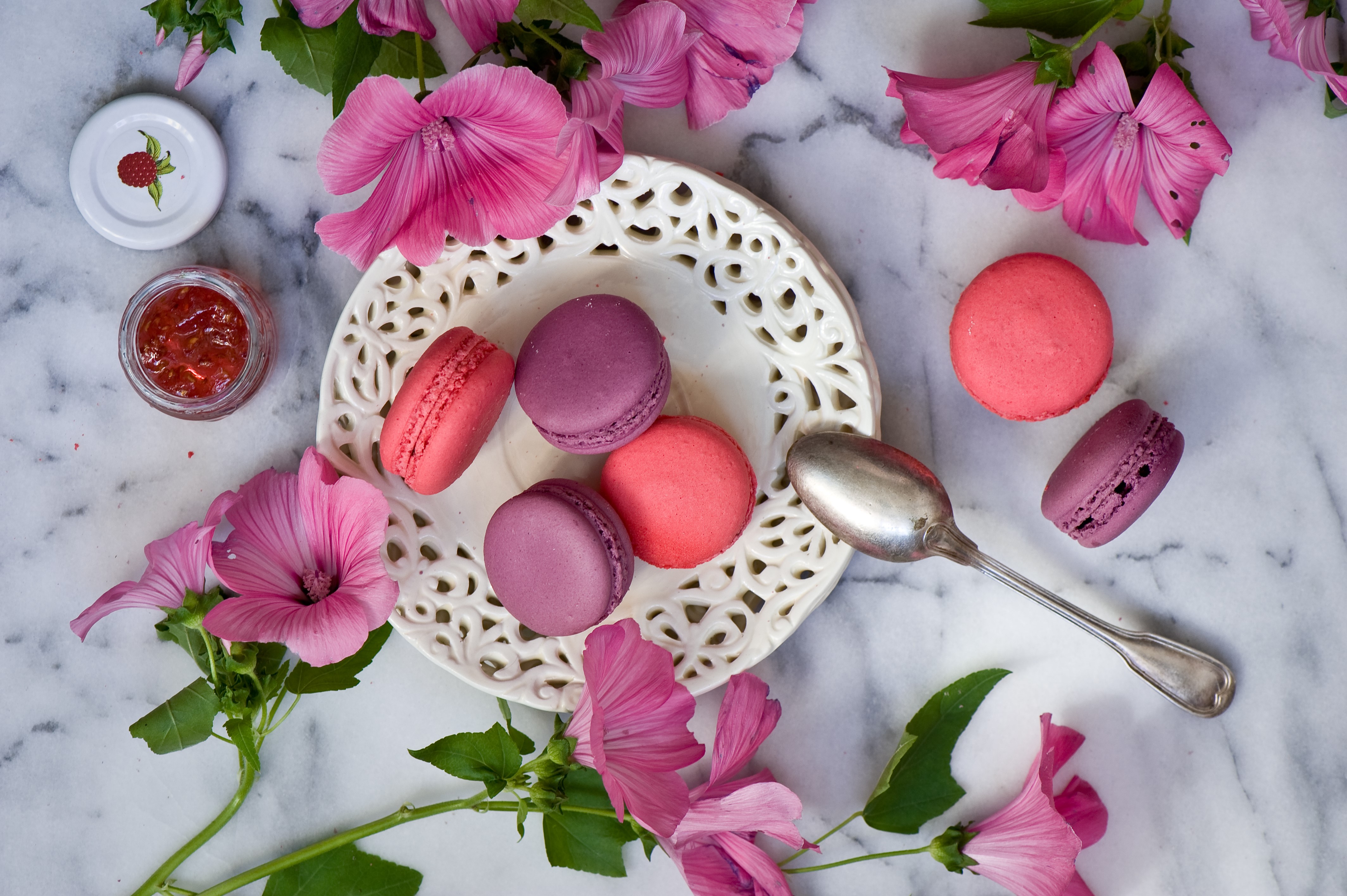 Still-life with Macarons, Jam, and Flowers HD Wallpaper
