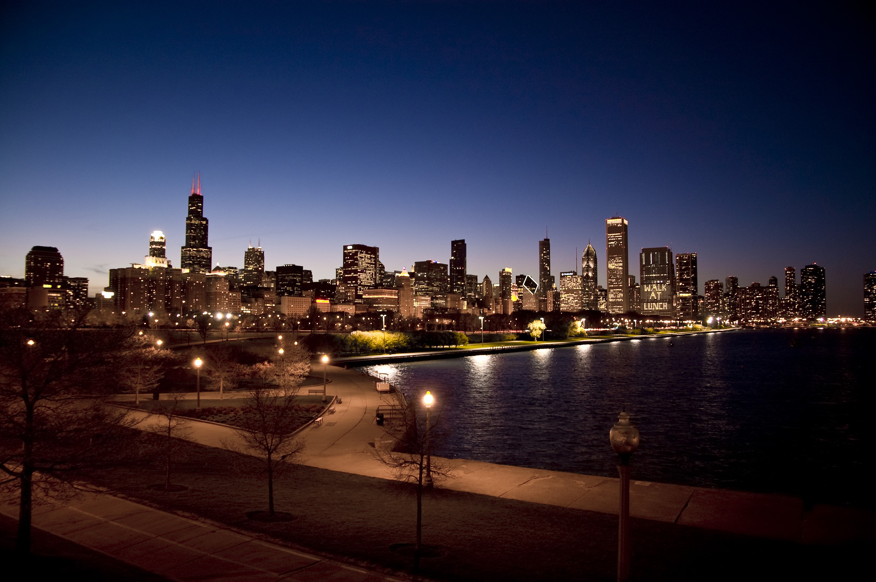 Chicago skyline at night from a park HD Wallpaper