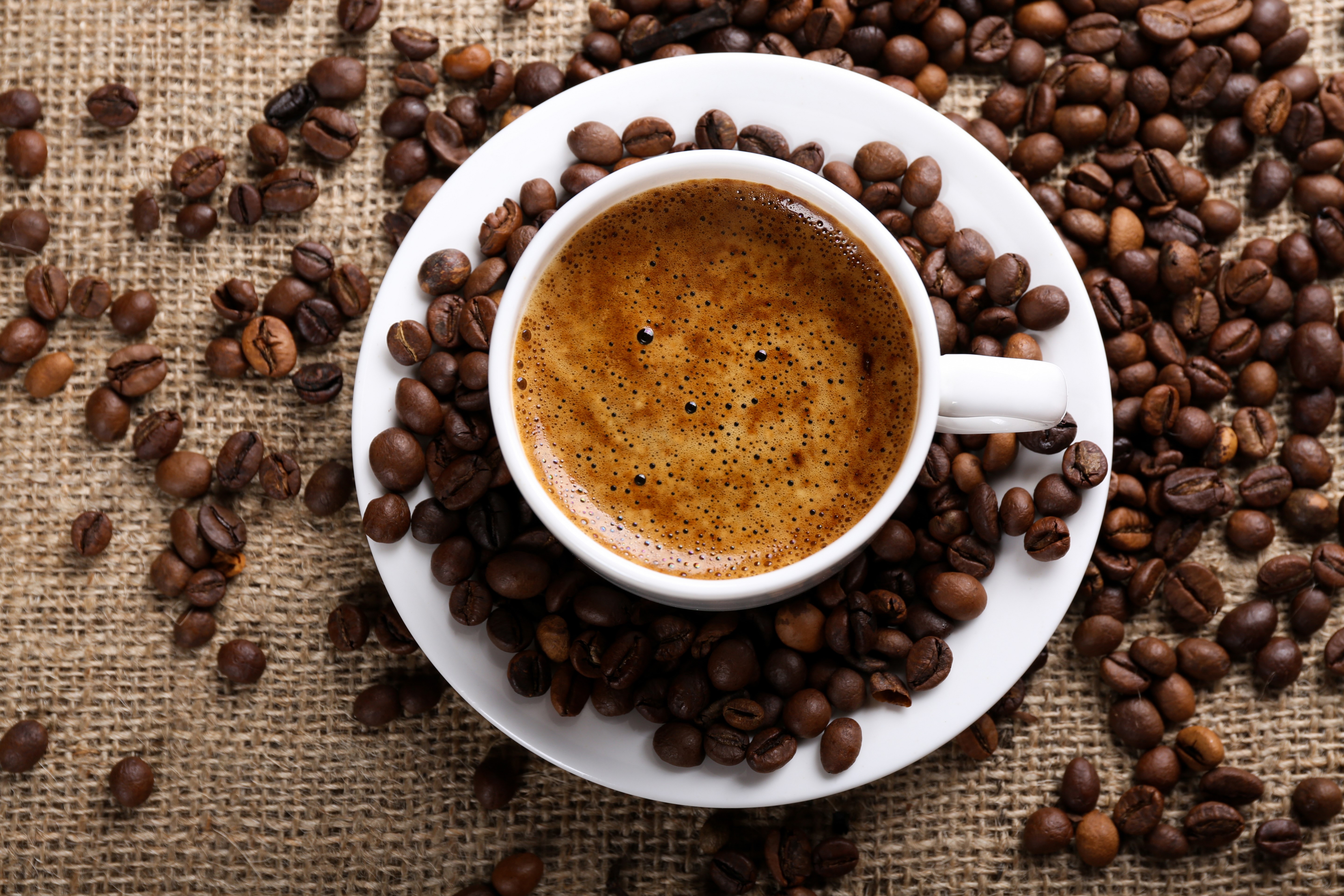 Coffee cup on saucer with coffee beans HD Wallpaper