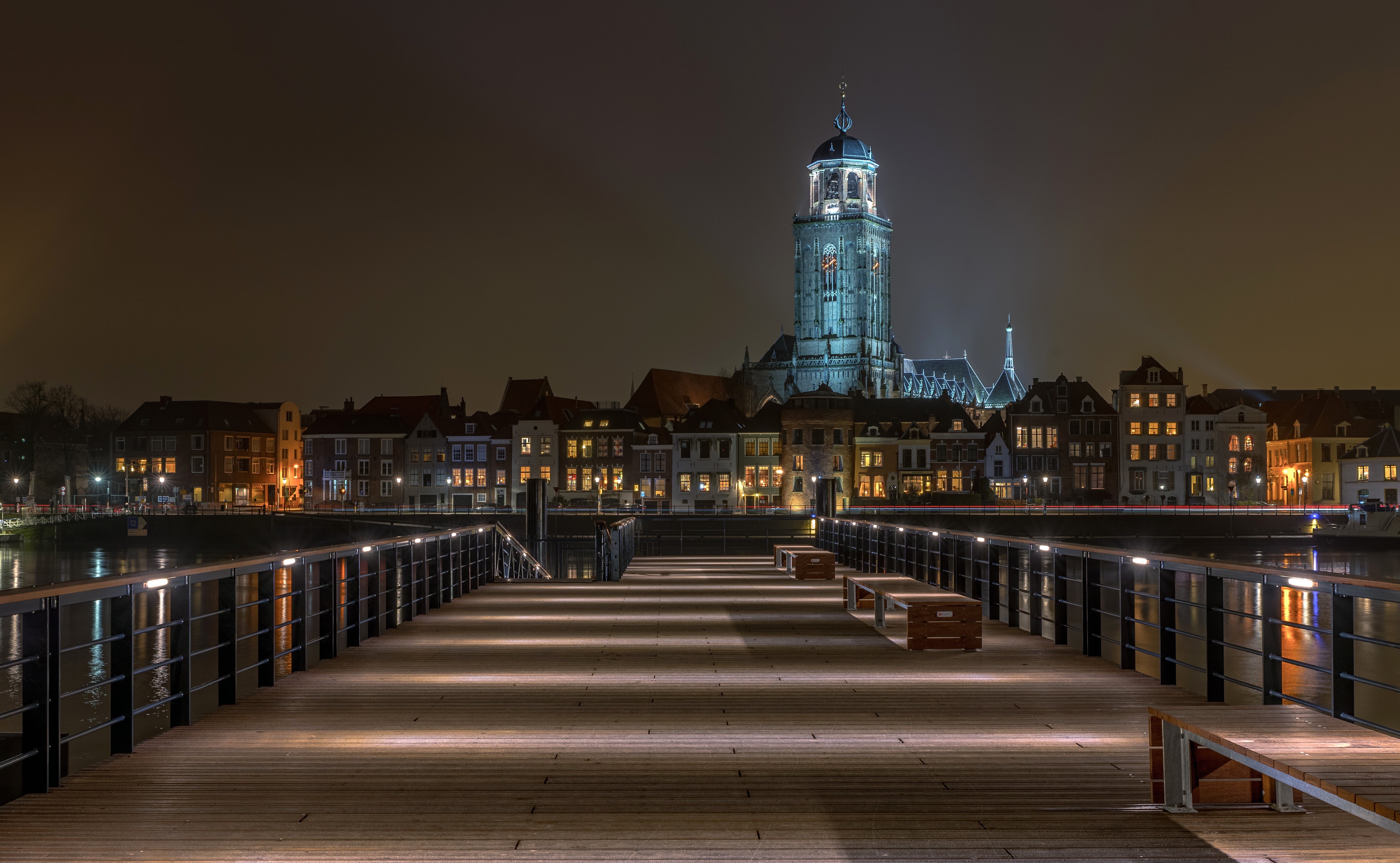 Deventer Netherlands Night View with Bridge and Church HD Wallpaper