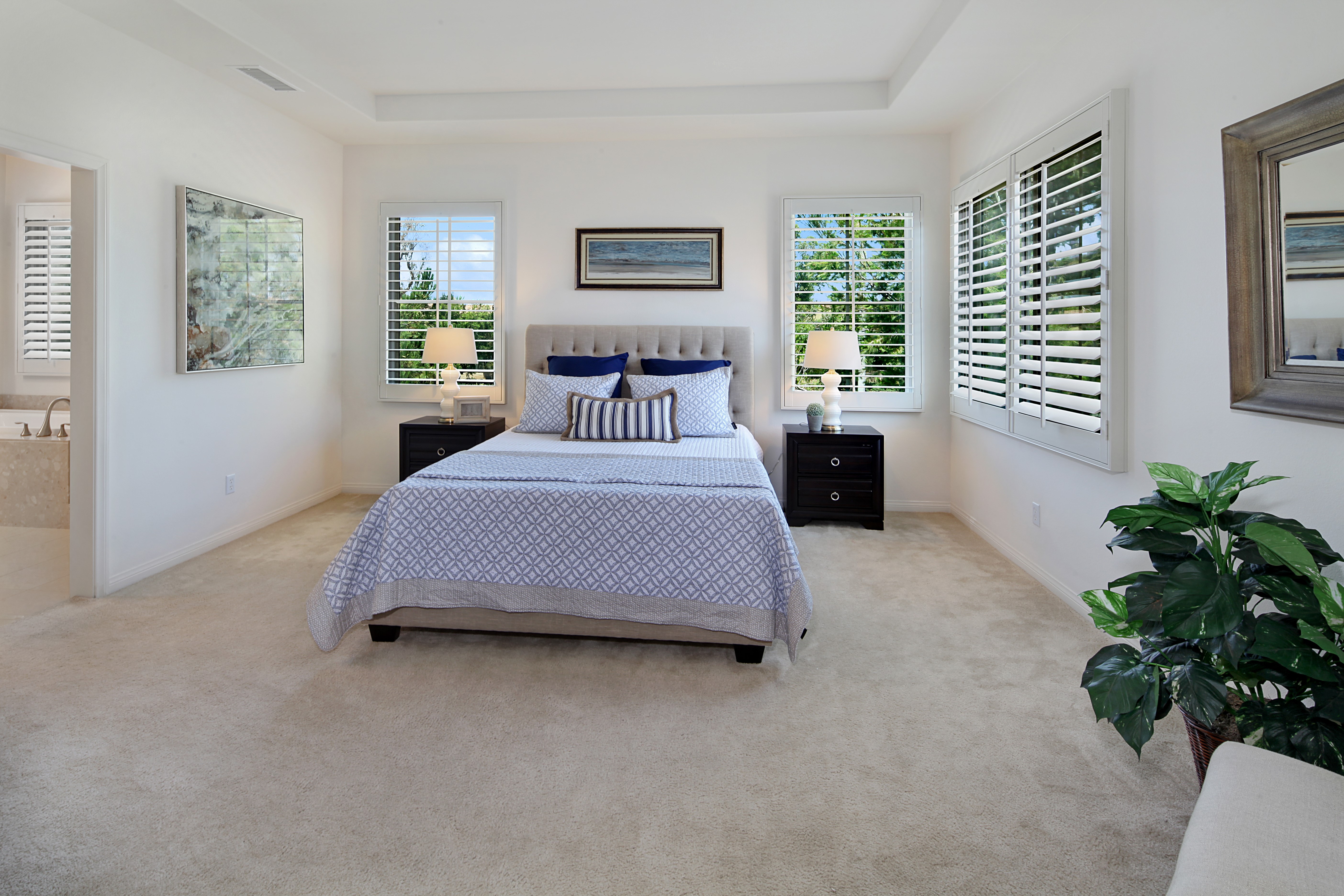 Bedroom with bed, lamps, and windows HD Wallpaper