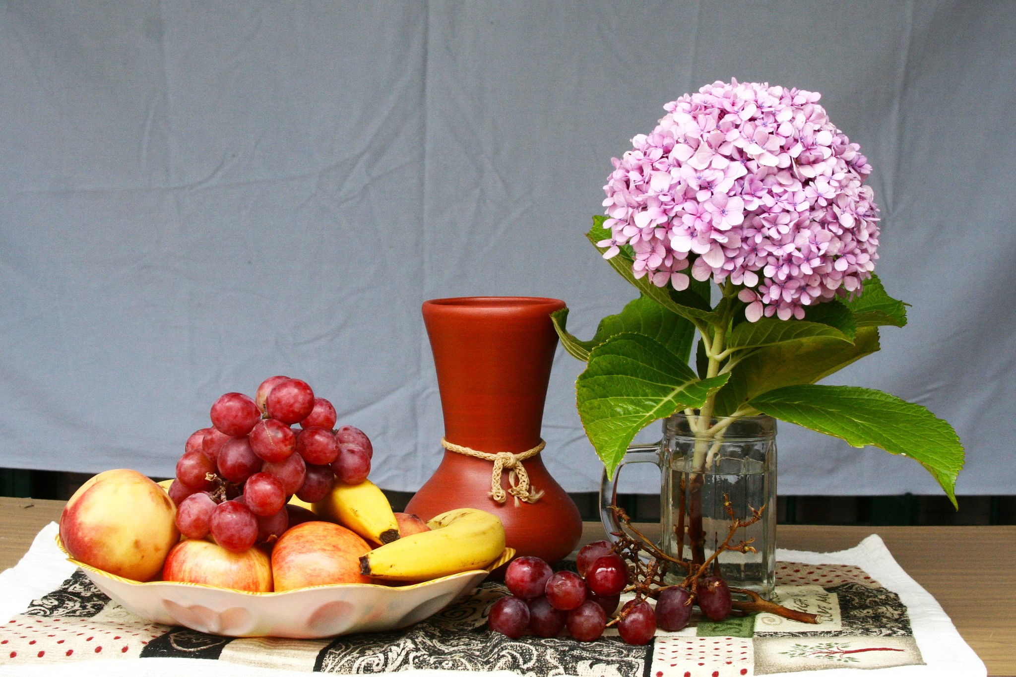Still-life with Hydrangea, Grapes, Apples, Bananas, and Vase HD Wallpaper