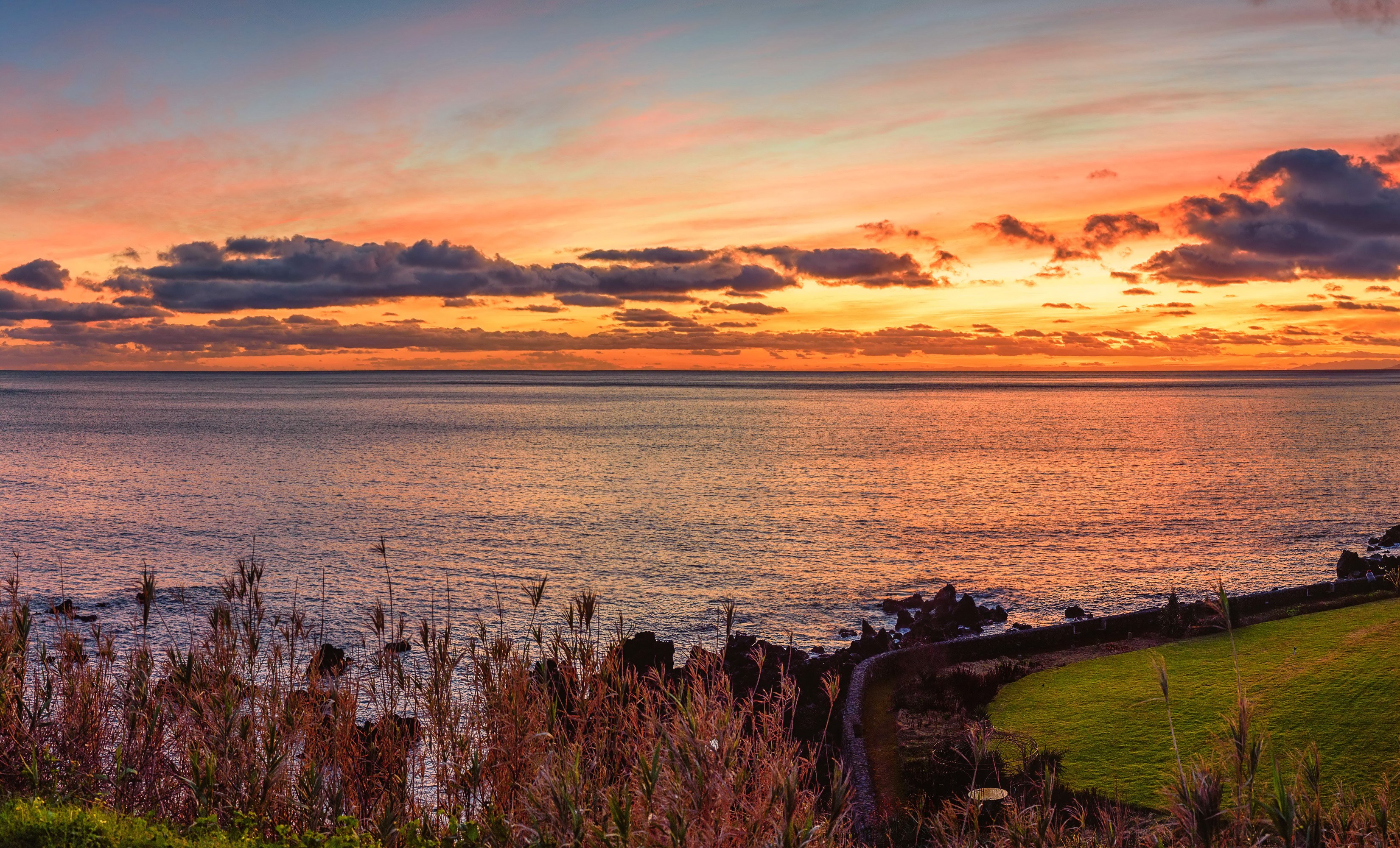 Sunset over the sea on Terceira Island, Portugal HD Wallpaper