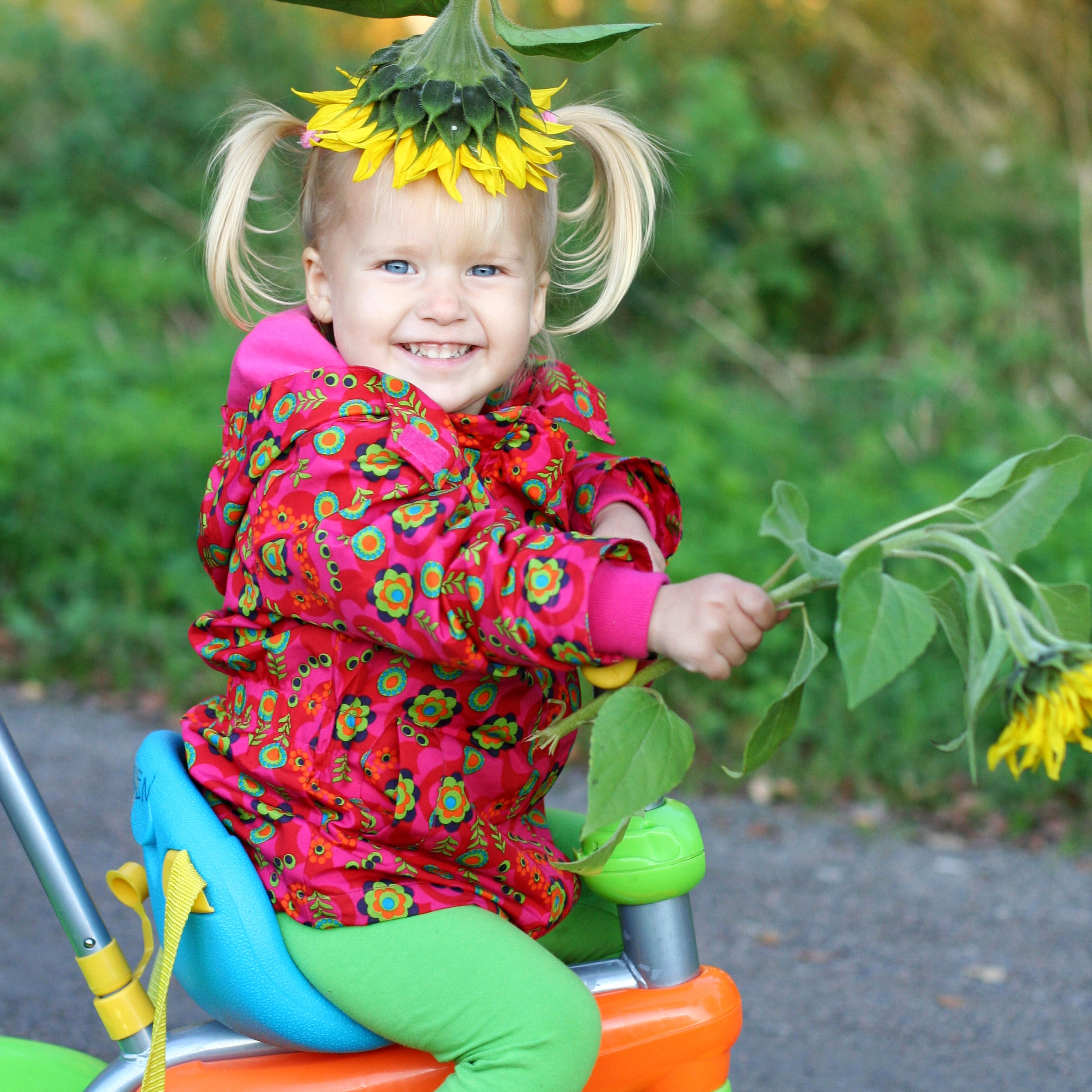 Girl with Sunflower Hat Riding a Tricycle HD Wallpaper