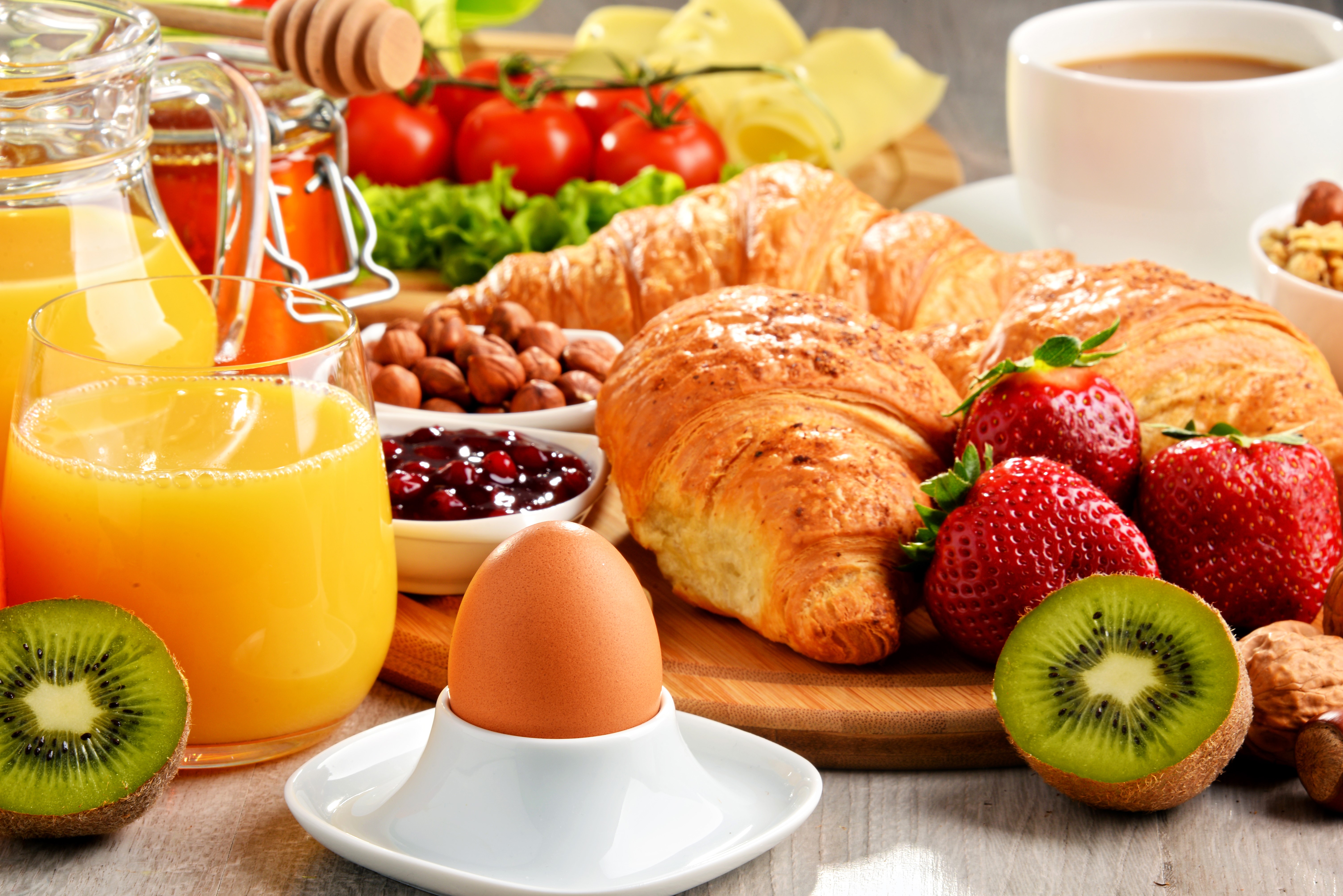Breakfast with Croissants, Juice, and Fruit HD Wallpaper