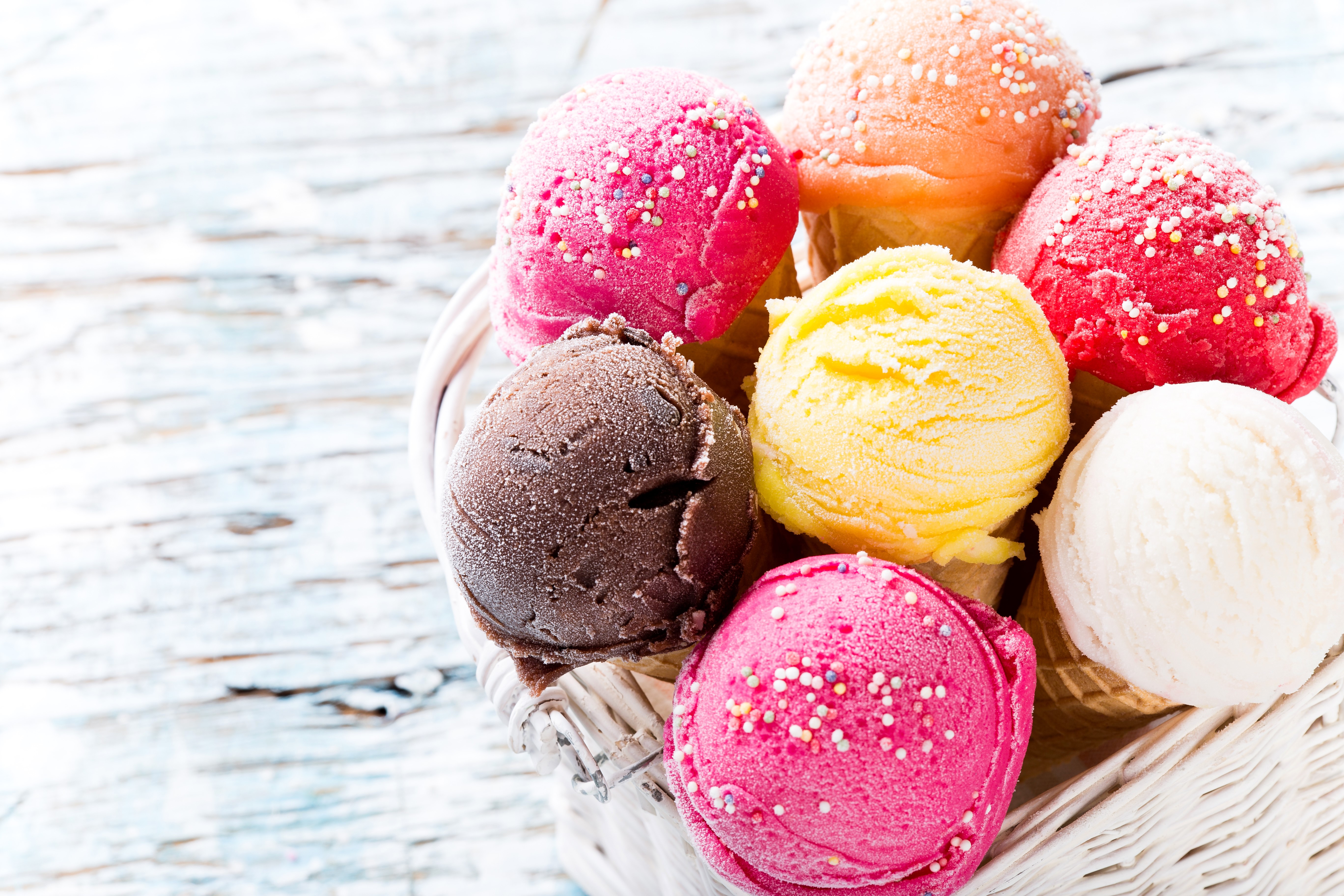 Basket of multicolor ice cream scoops HD Wallpaper