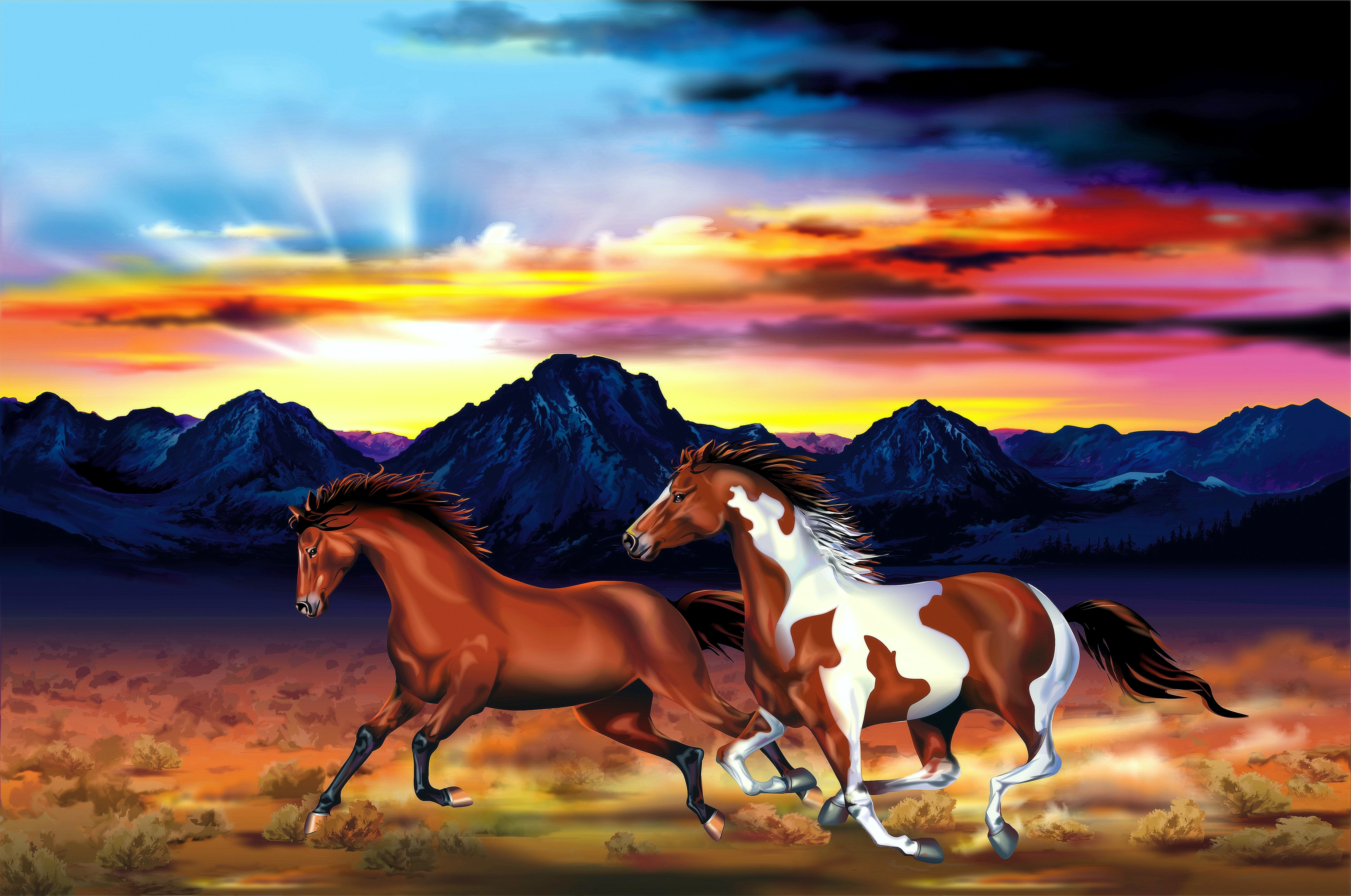 Two horses running in front of mountains at sunset HD Wallpaper