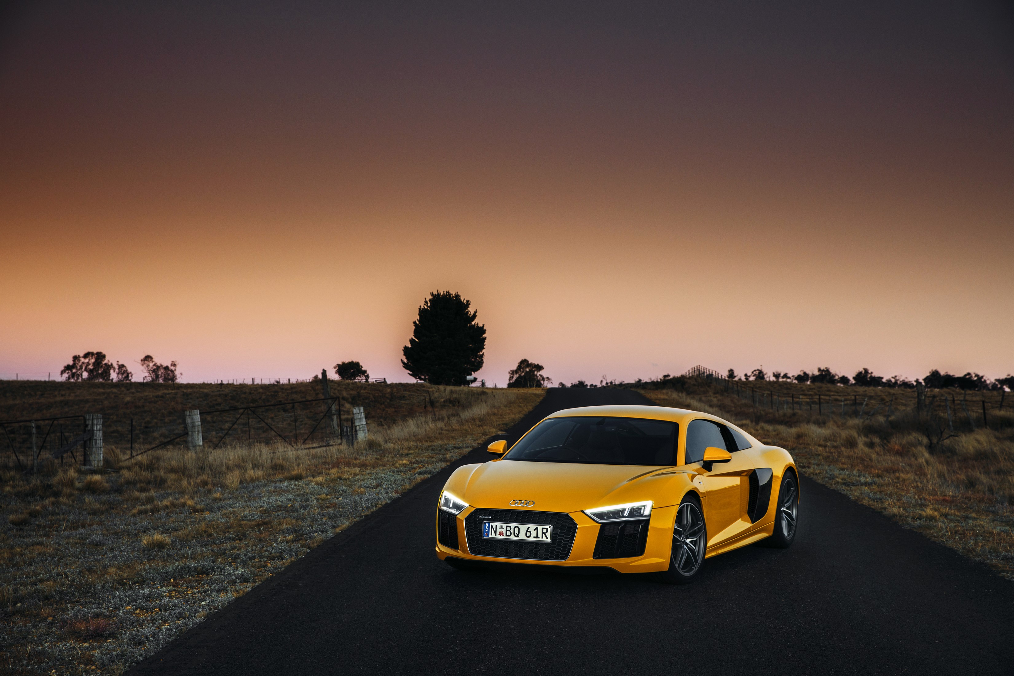 Yellow Audi R8 V10 Plus on a Road at Sunset HD Wallpaper