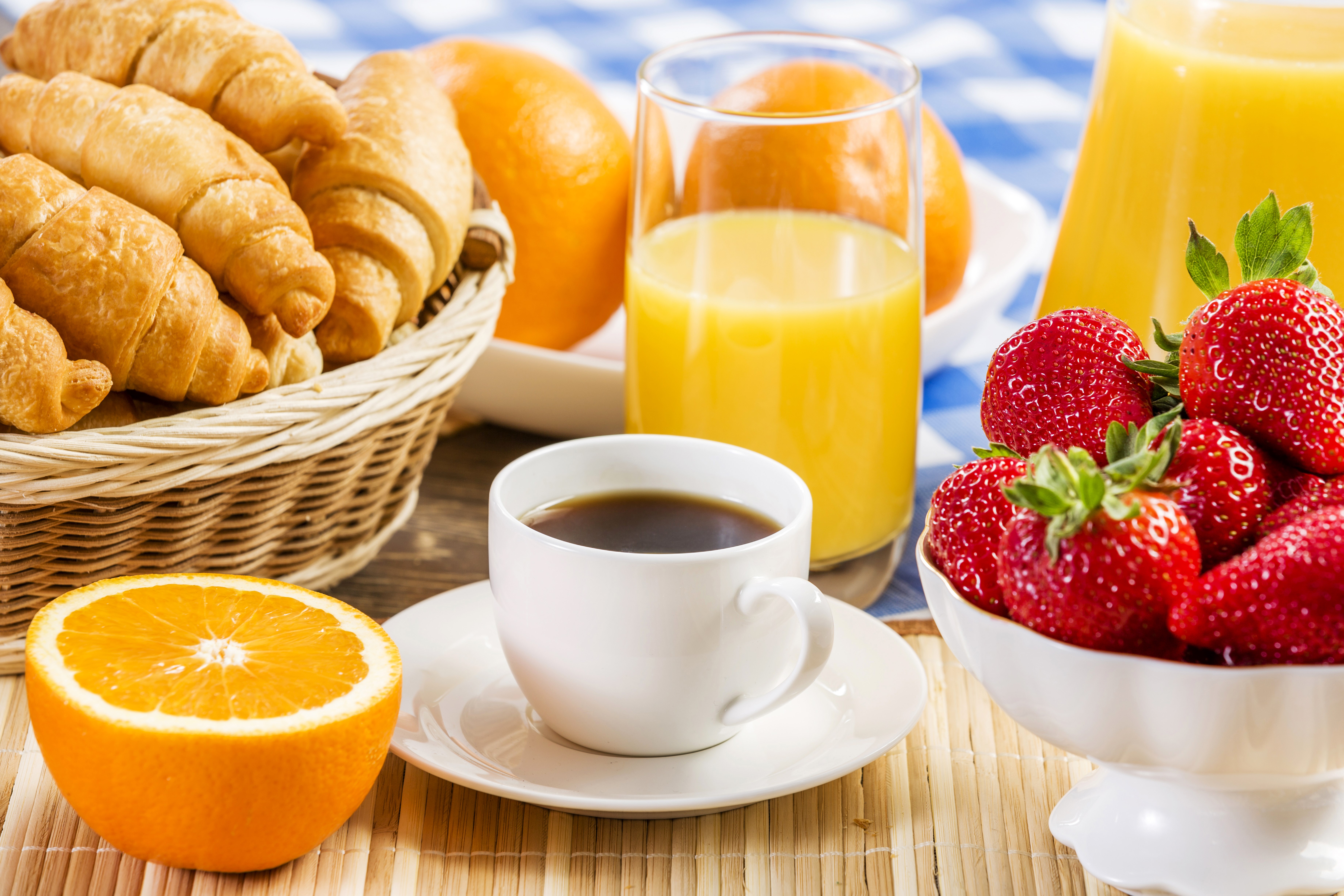 Breakfast with Croissants, Coffee, Juice, and Strawberries HD Wallpaper
