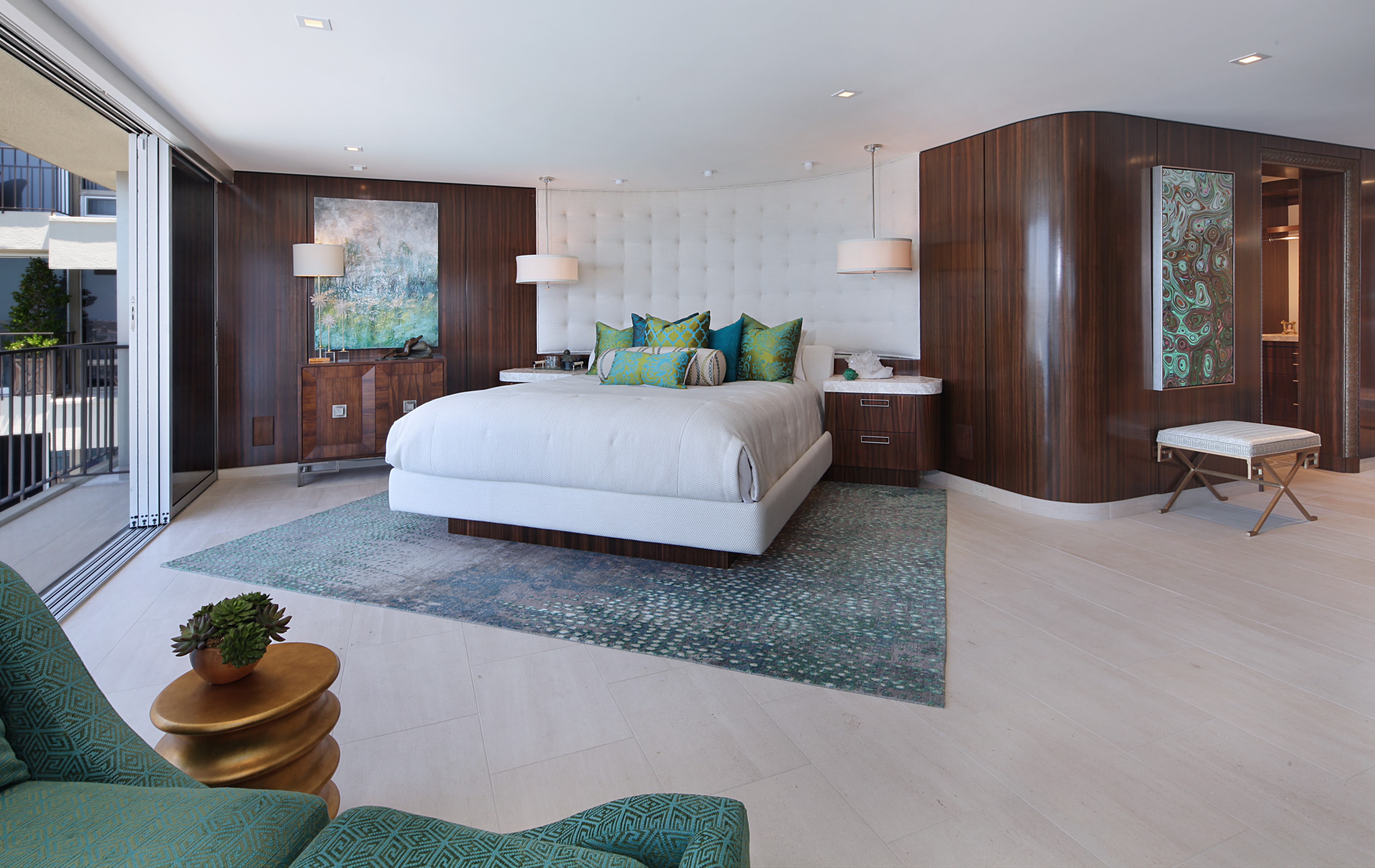 Modern Bedroom with Wood Paneling and Balcony HD Wallpaper