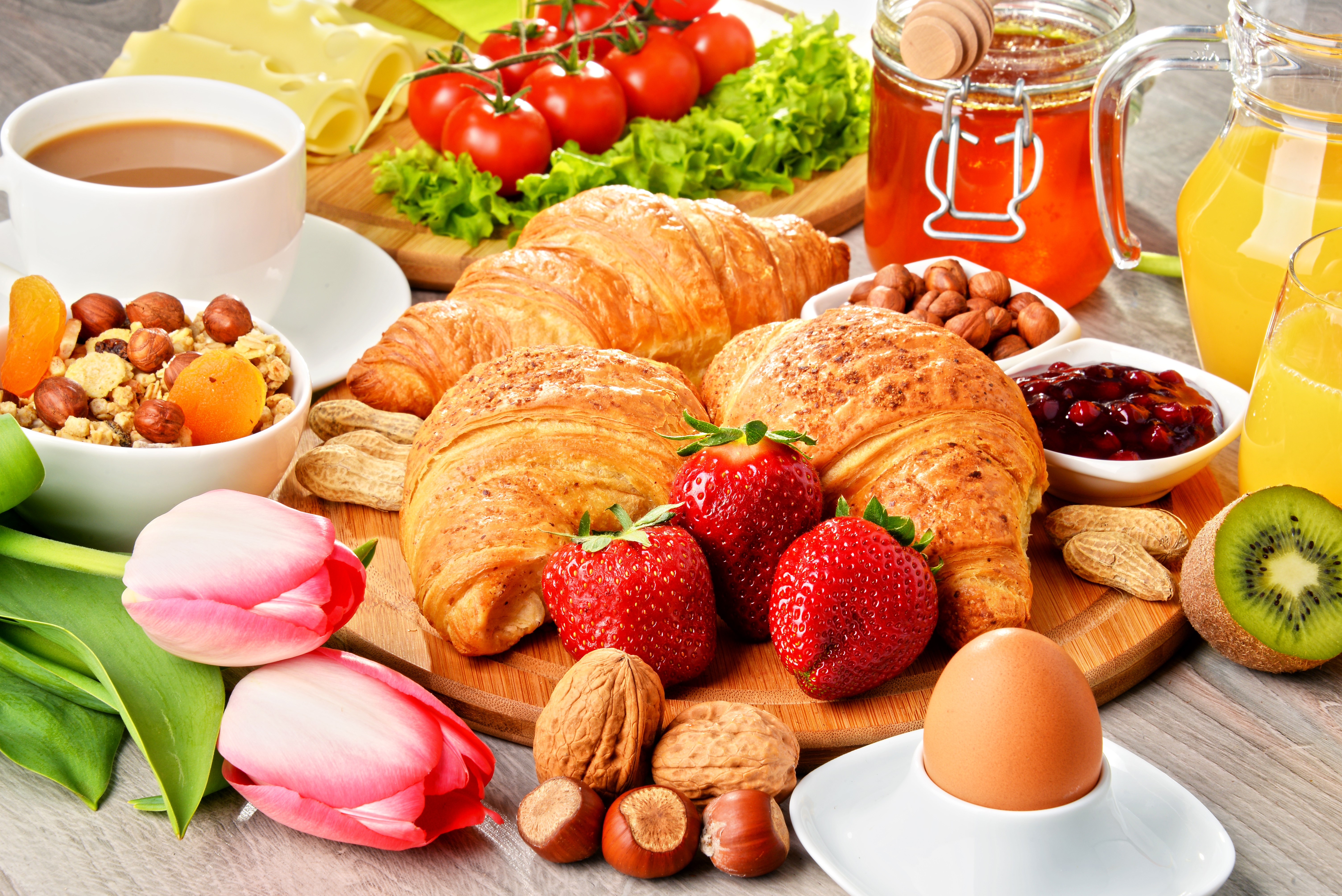 Breakfast still life with coffee, croissants, fruits, and nuts HD Wallpaper