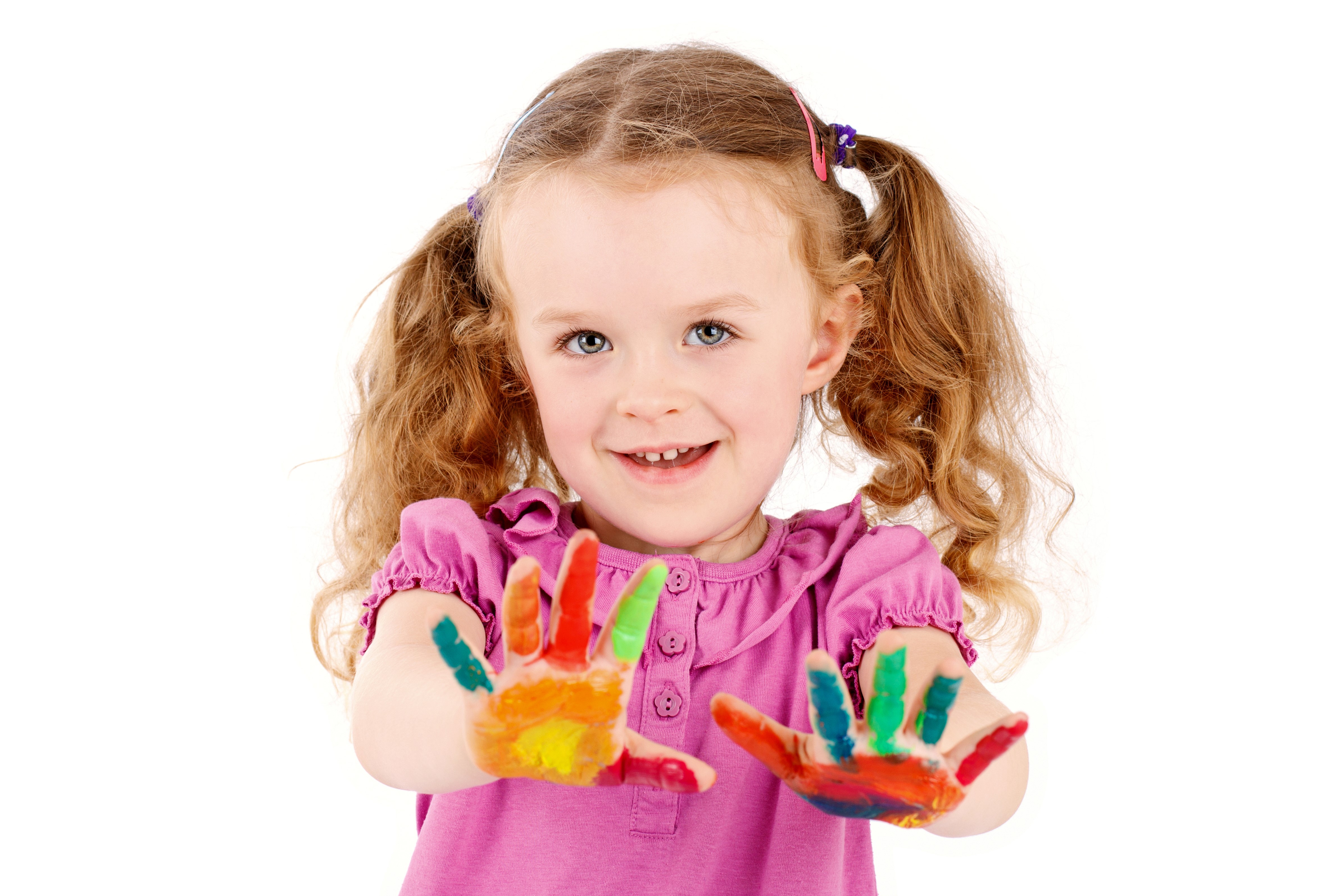 Little girl with painted hands on white background HD Wallpaper