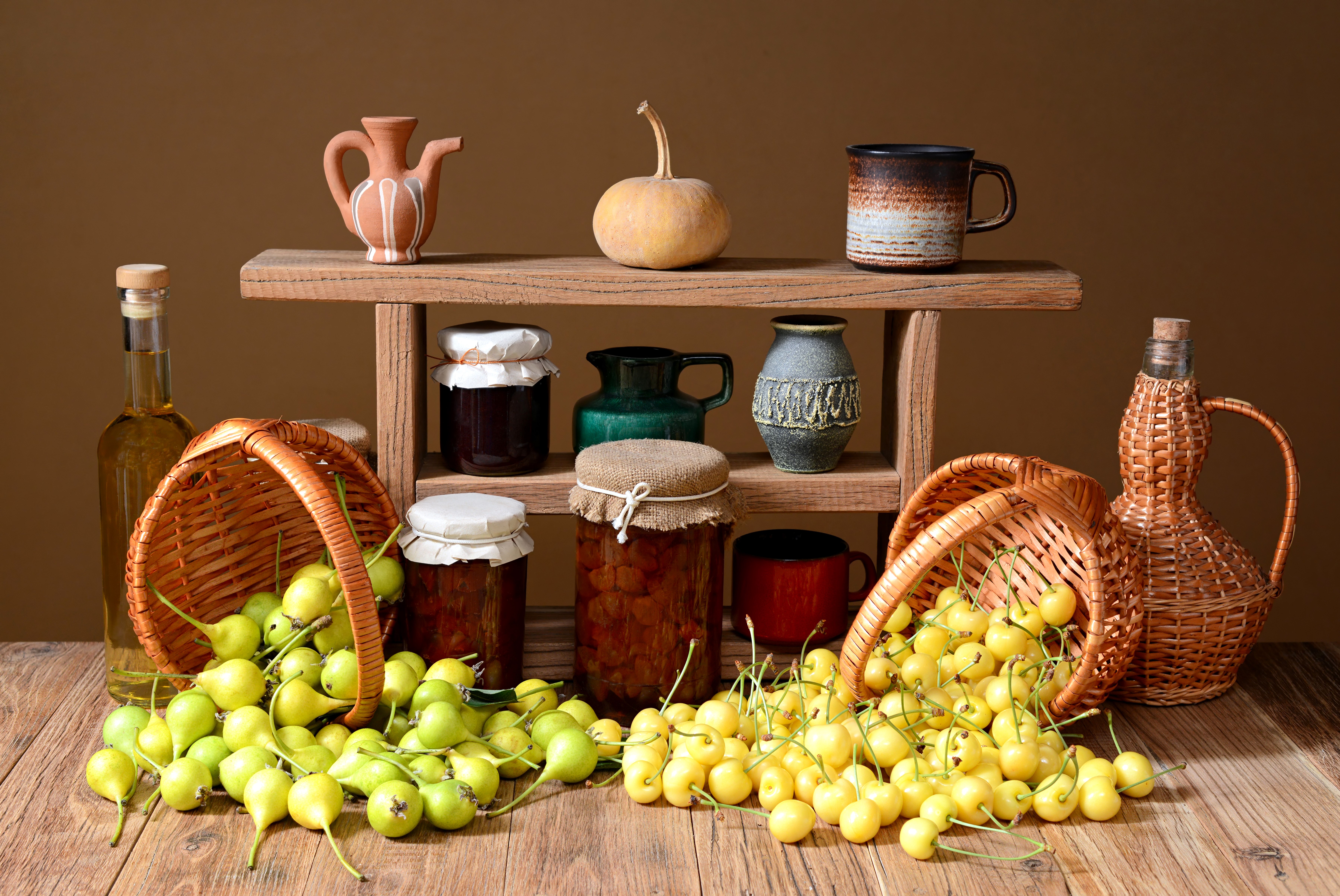 Still life with cherries, pears, jars, and bottles HD Wallpaper