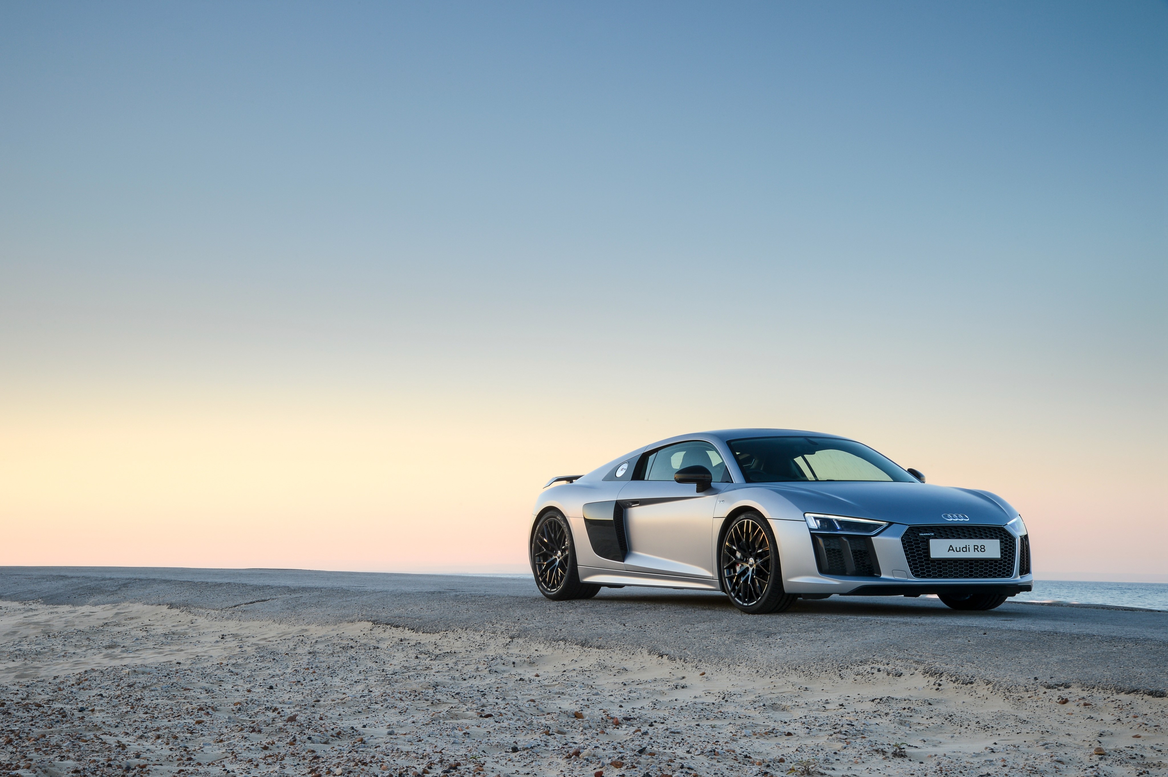 Silver Audi R8 on a beach at sunset HD Wallpaper