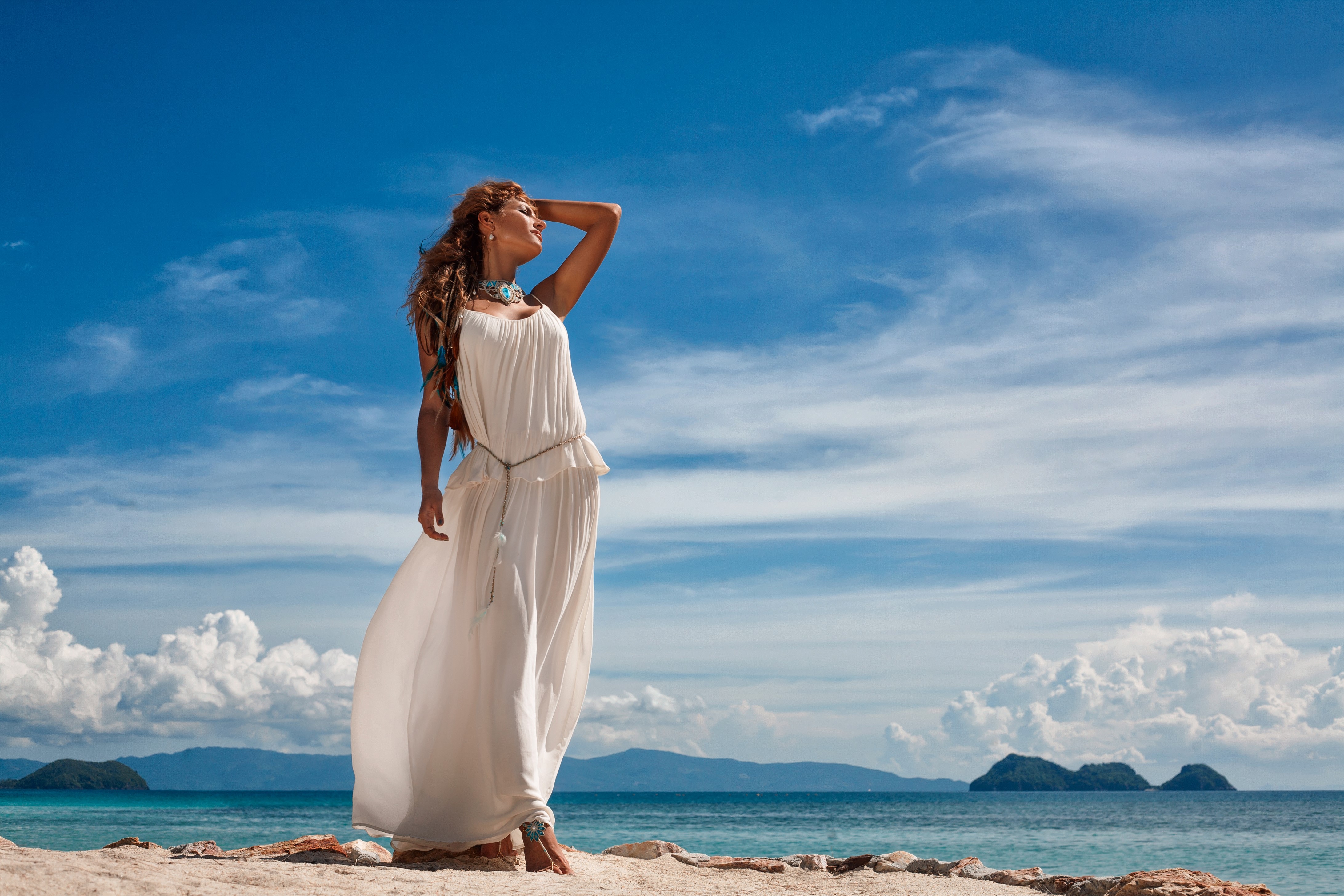 Woman in white dress on a beach HD Wallpaper